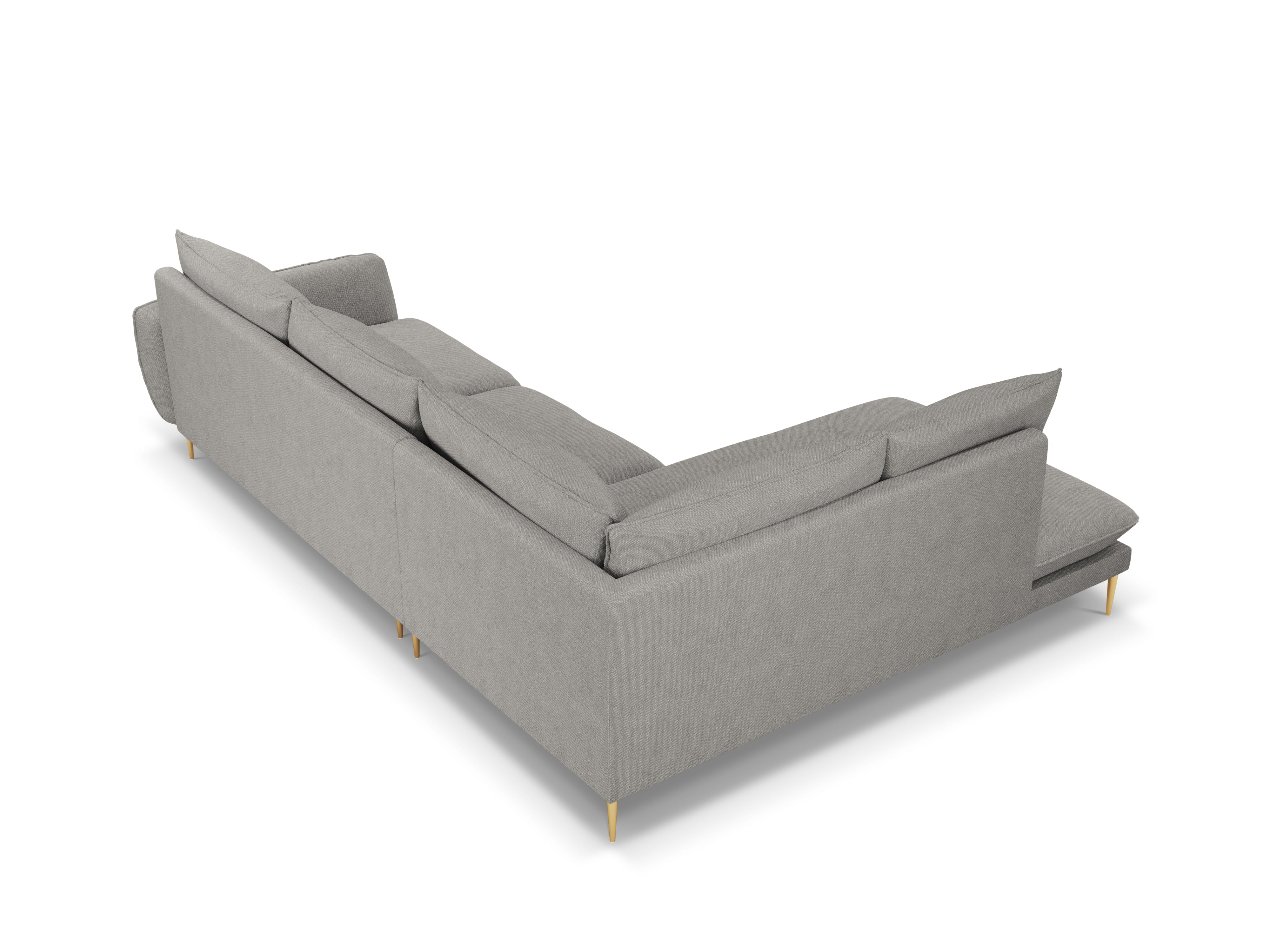Left-facing 6-seater corner sofa VIENNA in light gray chenille with a gold base