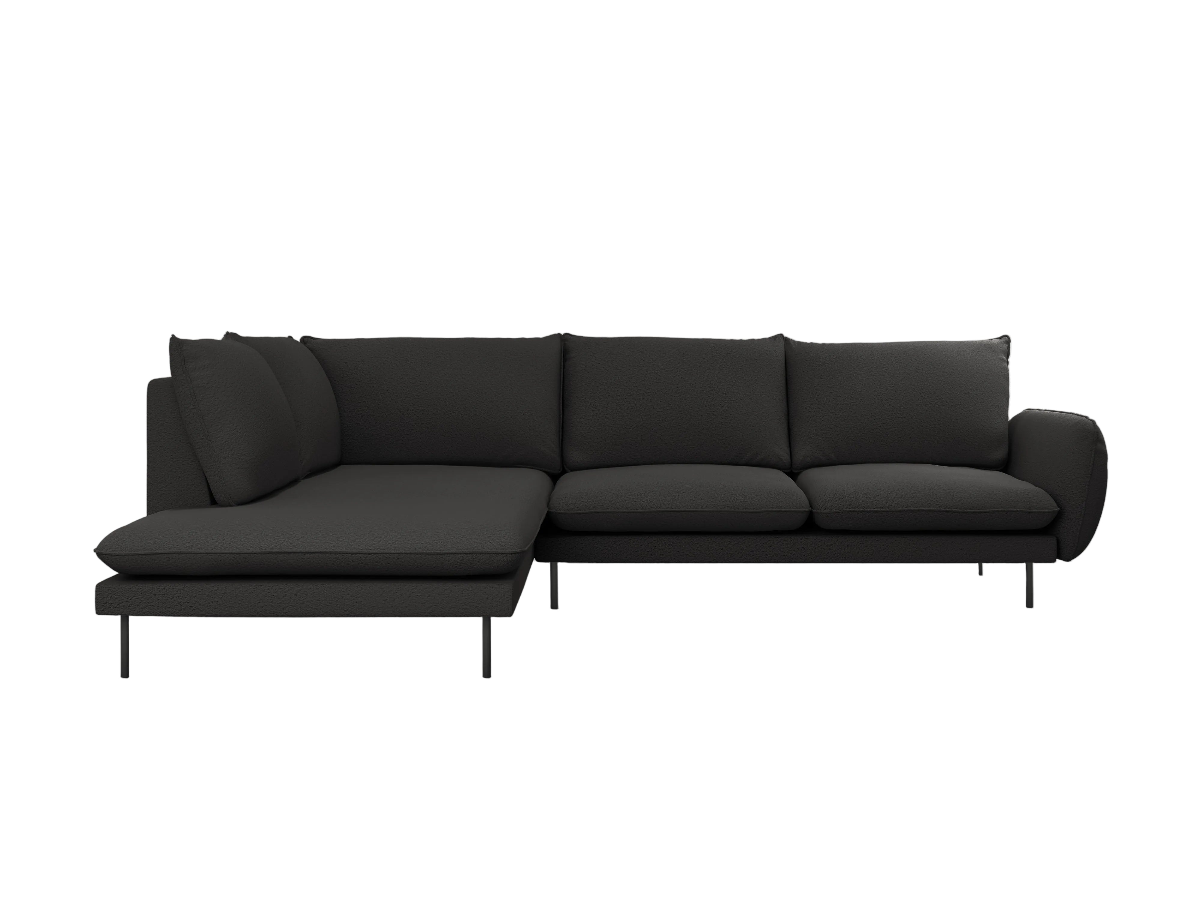 Left-facing 6-seater corner sofa VIENNA in black boucle with a black base