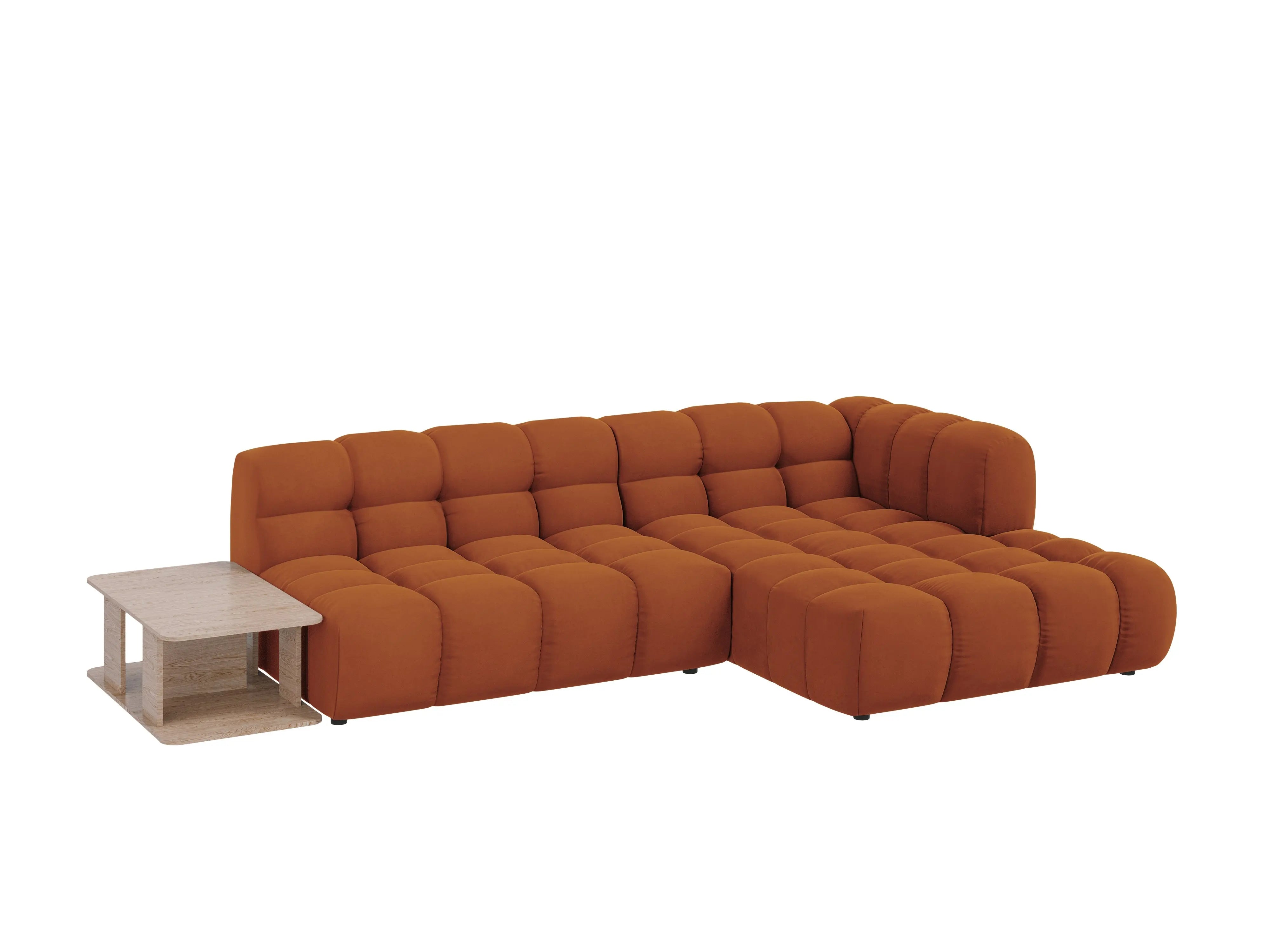 Narożnik aksamitny prawostronny 4-osobowy otwarty ze stolikiem SKY terracotta – Cosmopolitan Design