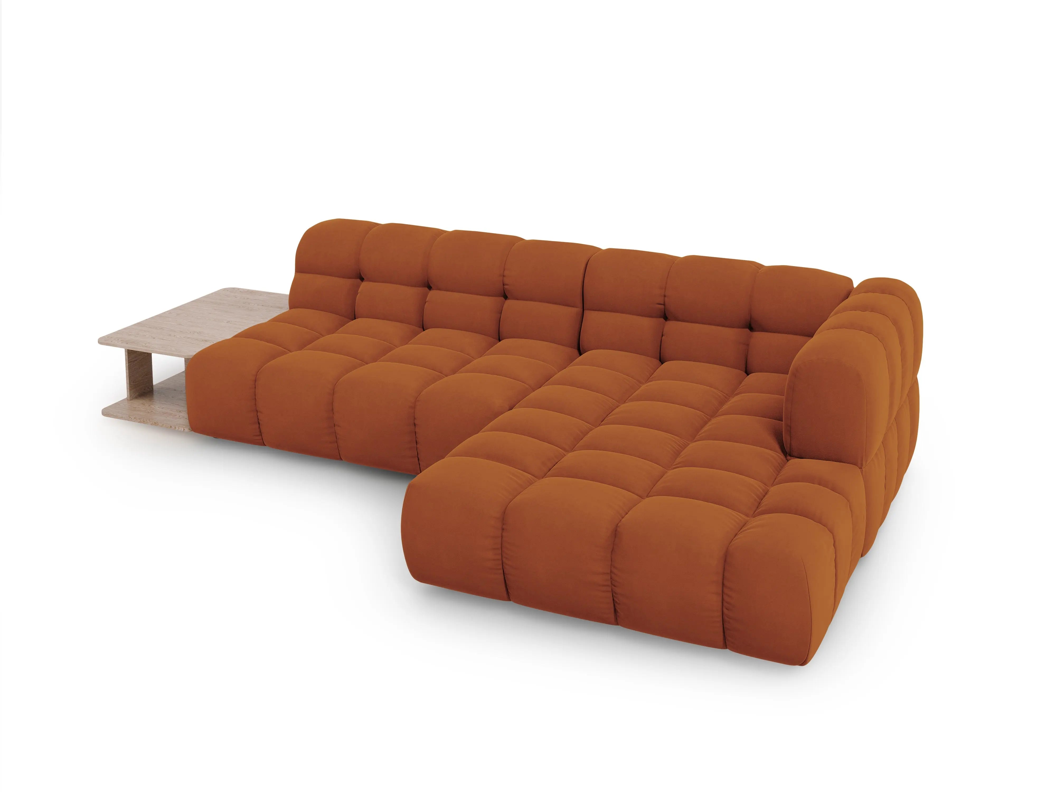 Narożnik aksamitny prawostronny 4-osobowy otwarty ze stolikiem SKY terracotta – Cosmopolitan Design