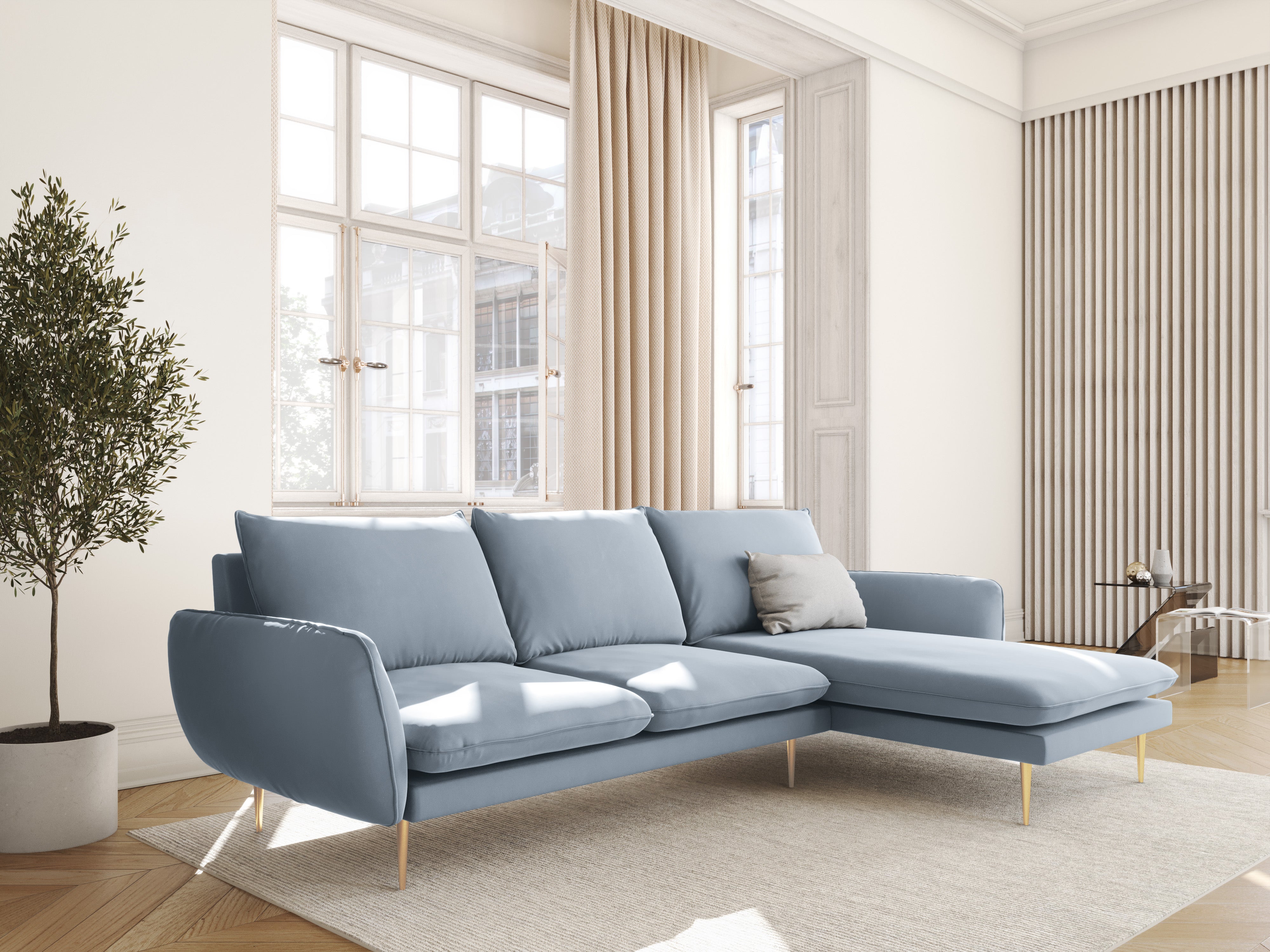 Velvet Corner Sofa Right-Hand 5-Seater VIENNA Light Blue with Gold Base