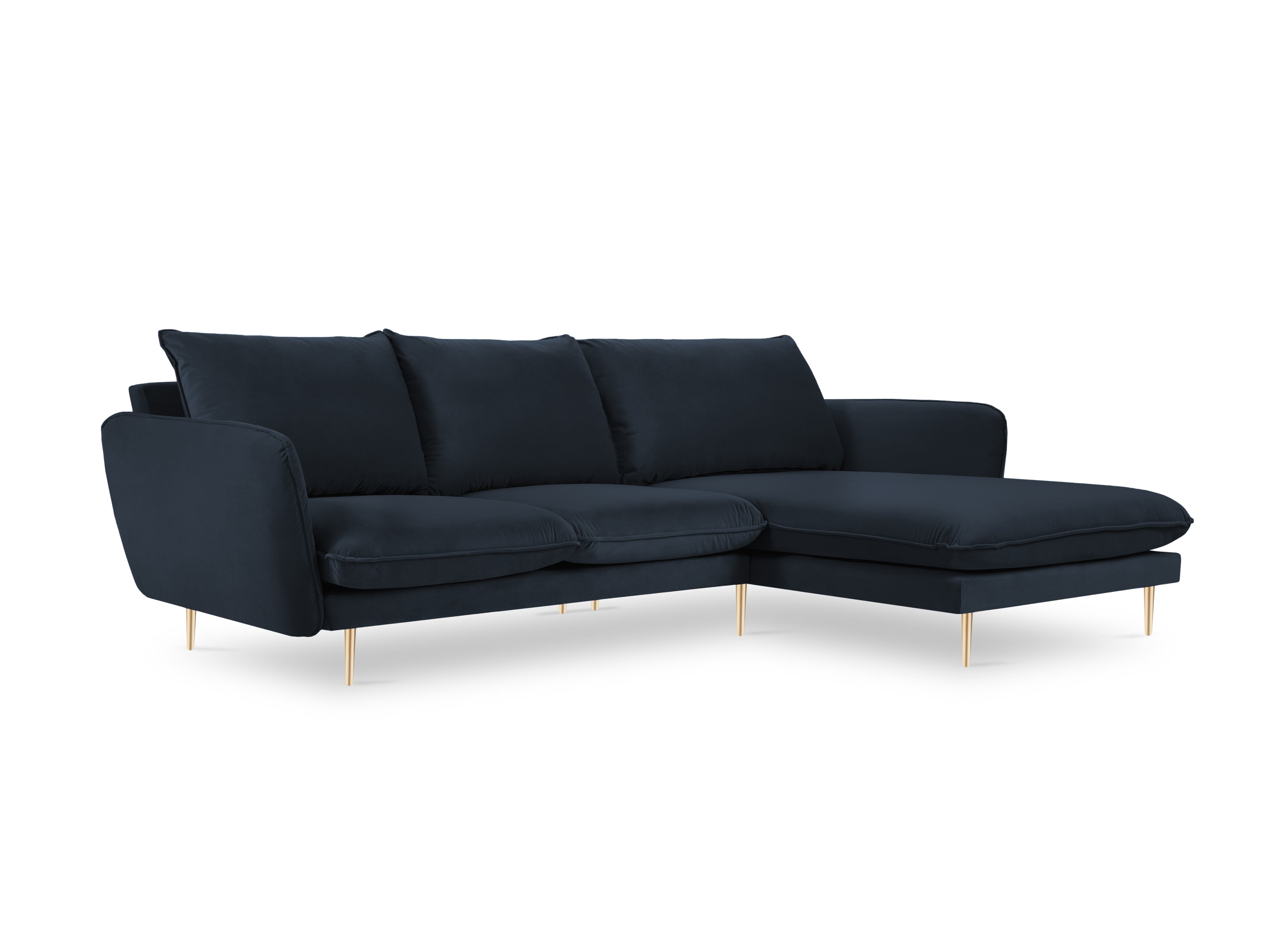 Velvet corner sofa, right-facing, 5-seater VIENNA in dark blue with a gold base