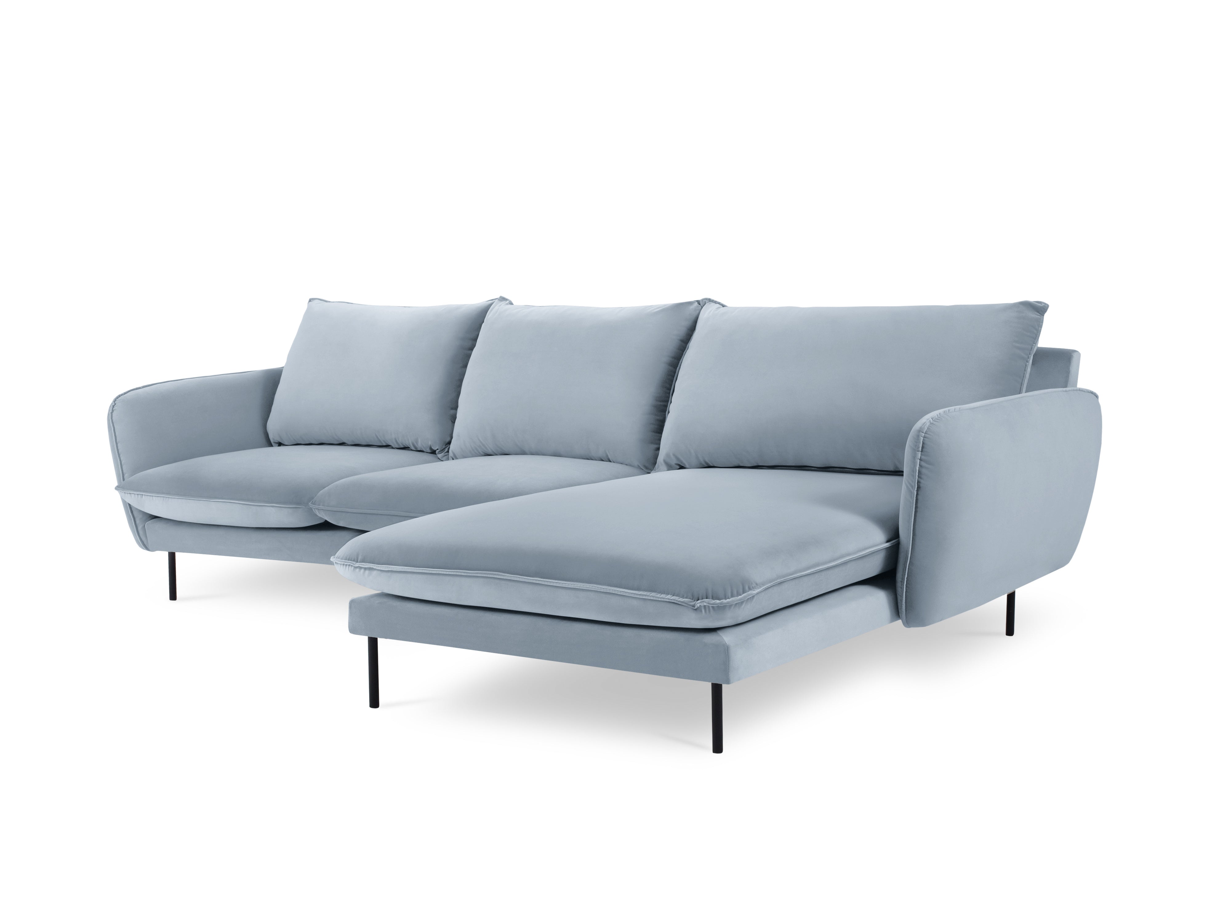 Velvet corner sofa right-facing for 5 people VIENNA light blue with black base