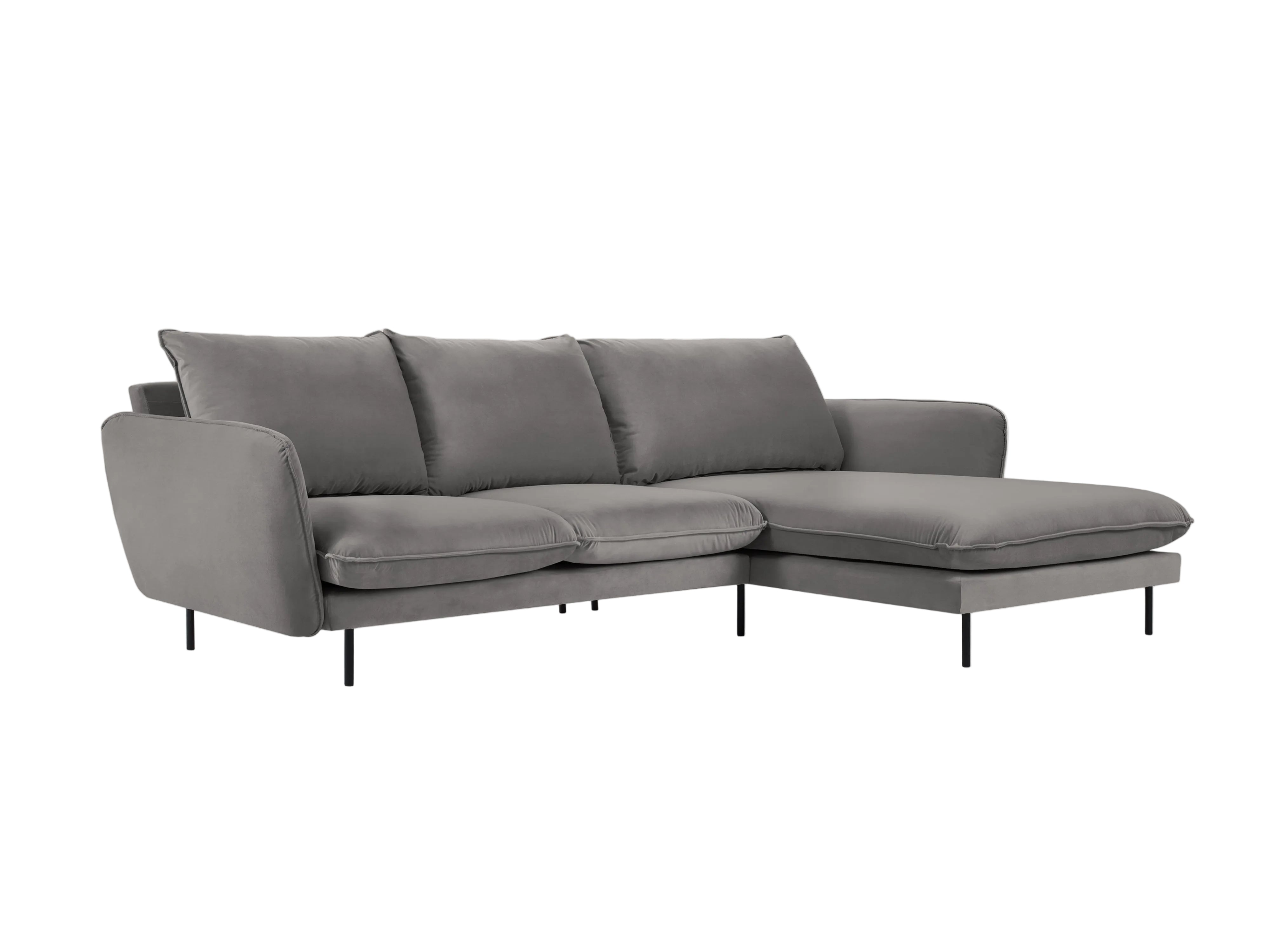 Right-facing velvet corner sofa for 5 people VIENNA in light gray with a black base
