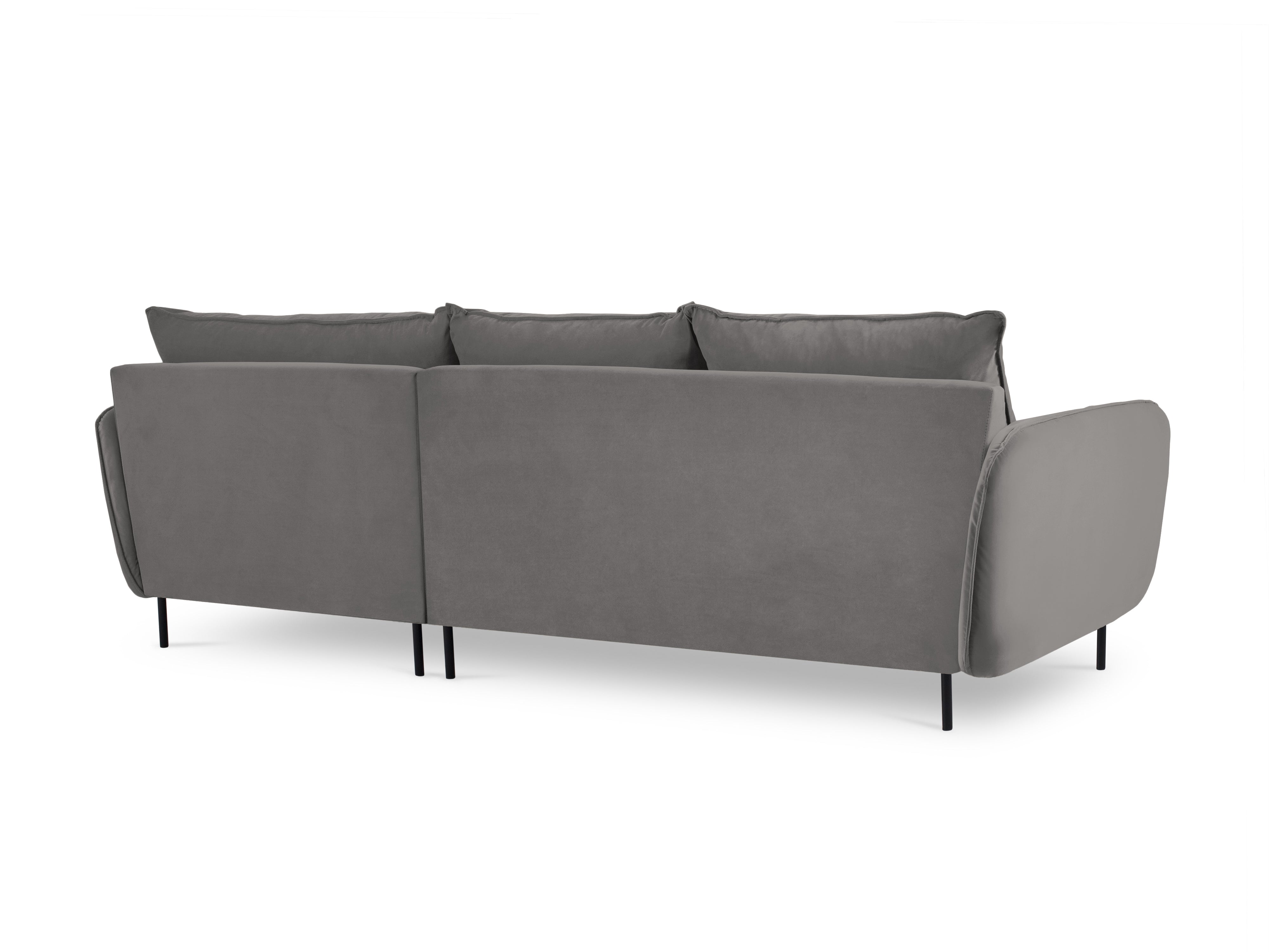 Right-facing velvet corner sofa for 5 people VIENNA in light gray with a black base