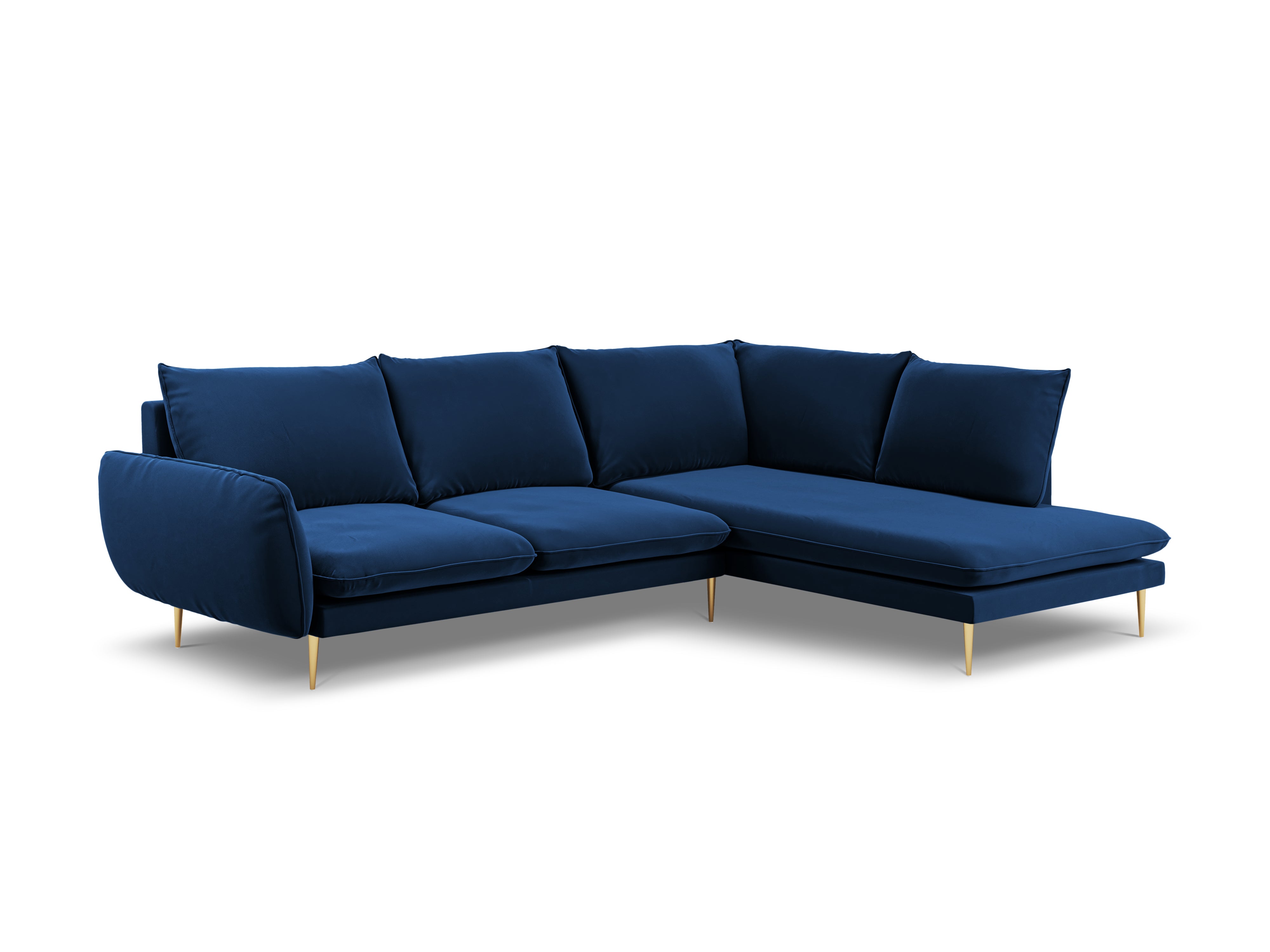 Right-facing velvet corner sofa for 5 people VIENNA in royal blue with a gold base