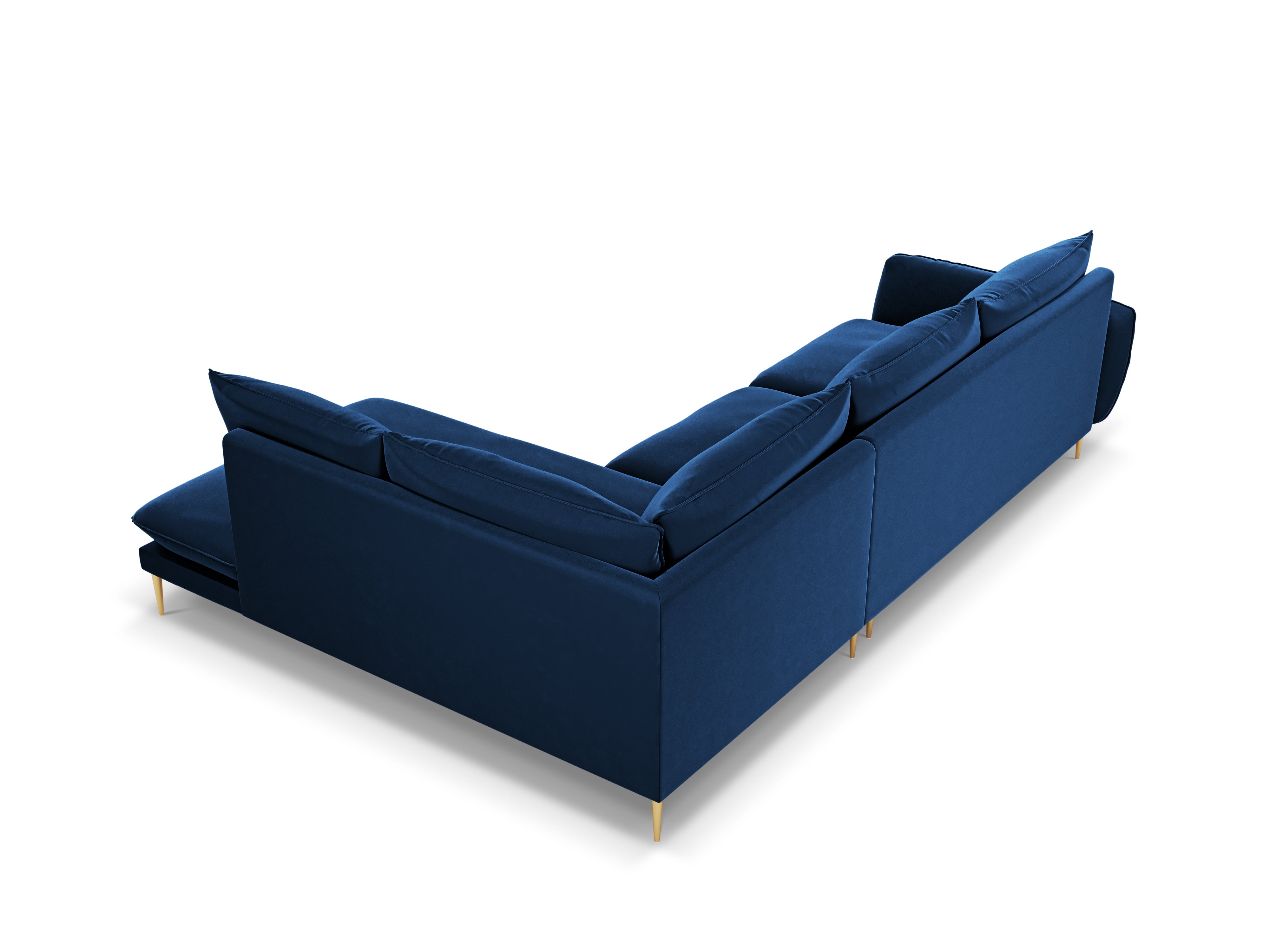 Right-facing velvet corner sofa for 5 people VIENNA in royal blue with a gold base