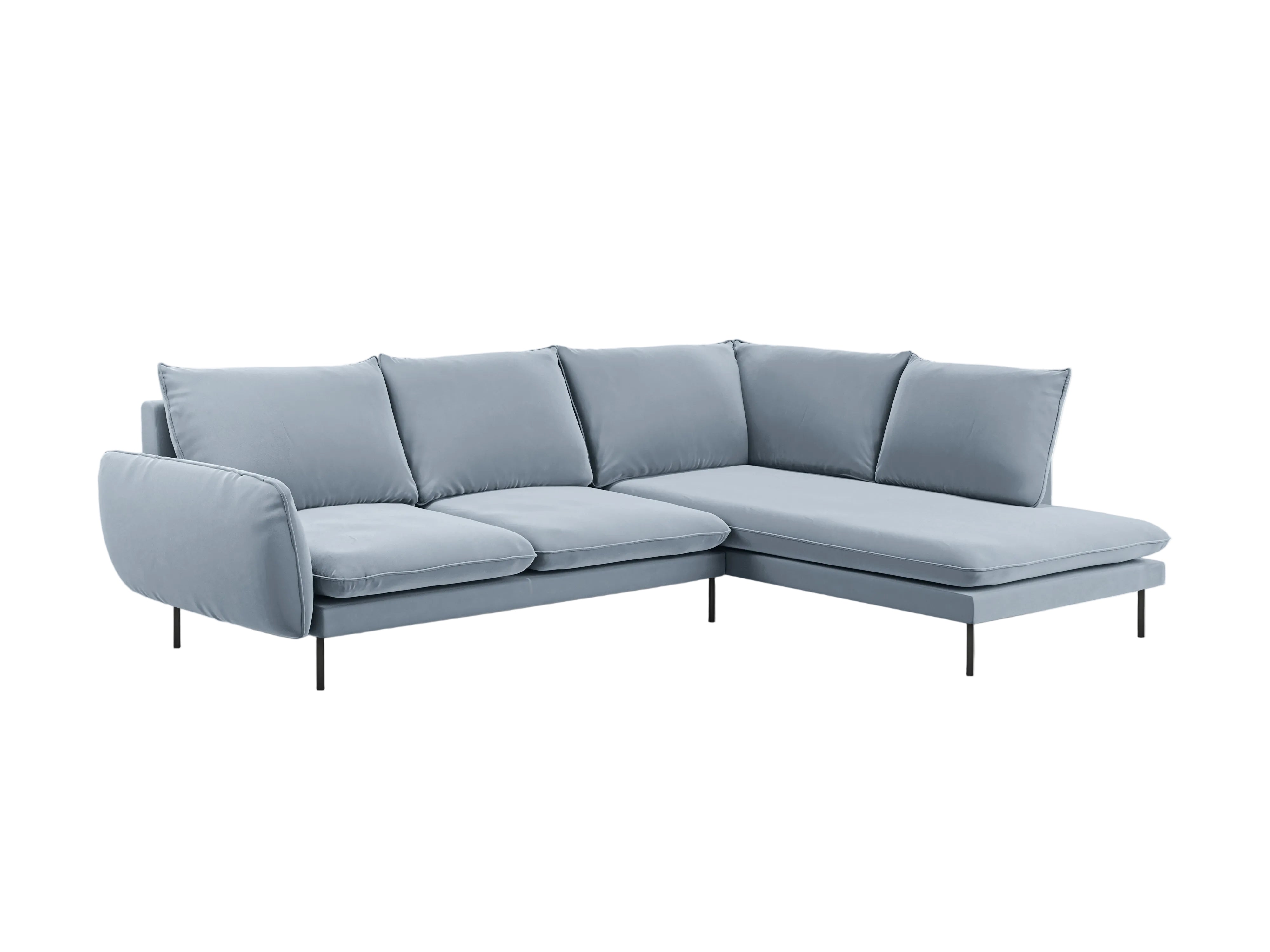 Velvet corner sofa right-facing for 5 people VIENNA light blue with black base
