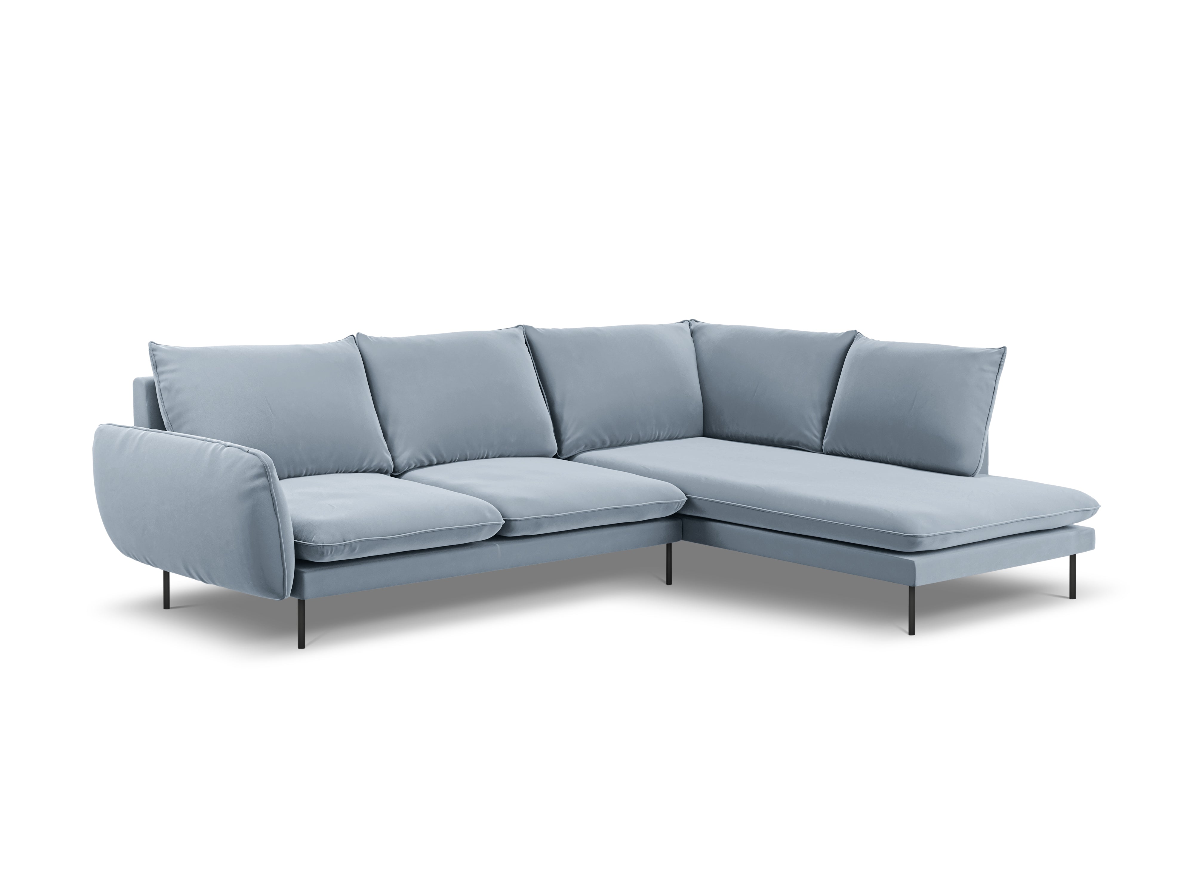 Velvet corner sofa for 6 people, right-facing, VIENNA, light blue with a black base