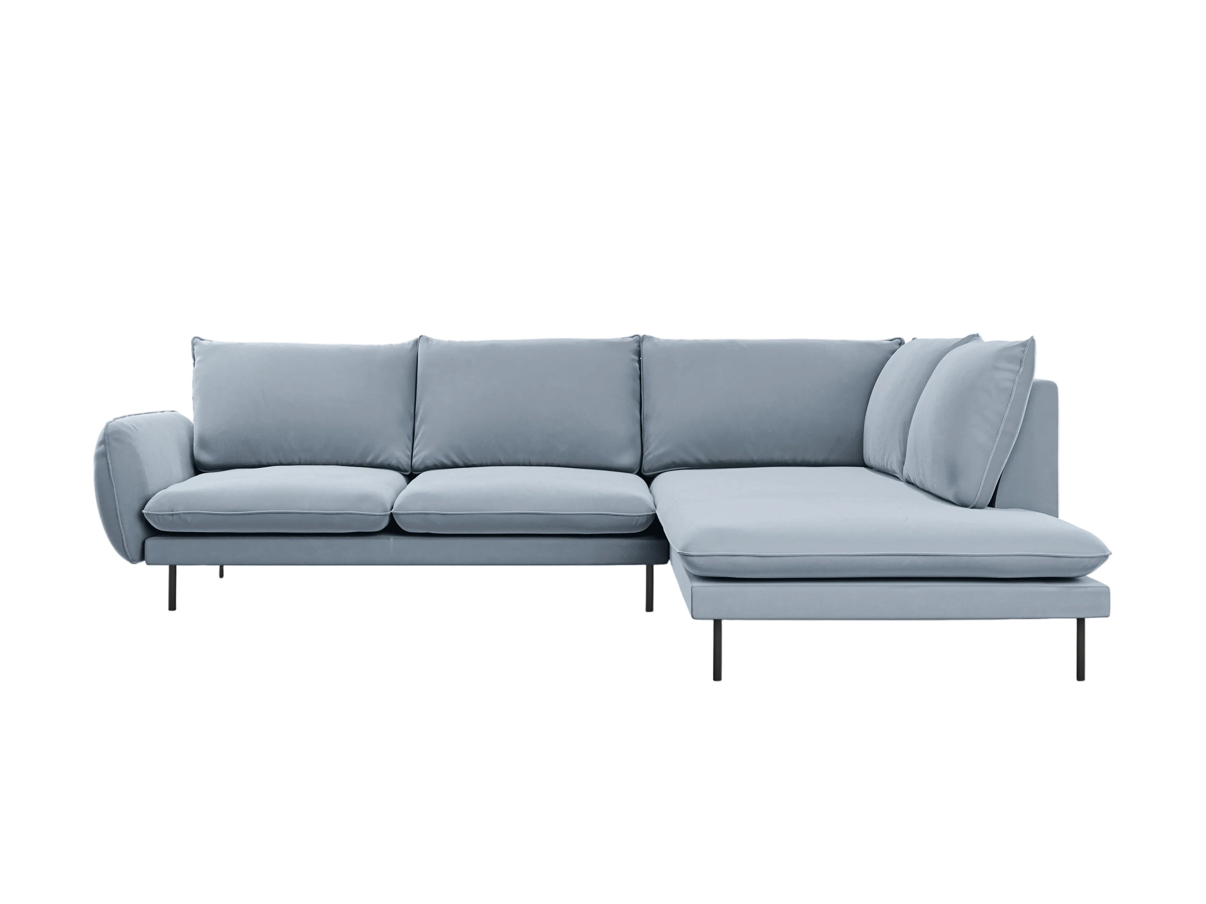 Velvet corner sofa for 6 people, right-facing, VIENNA, light blue with a black base