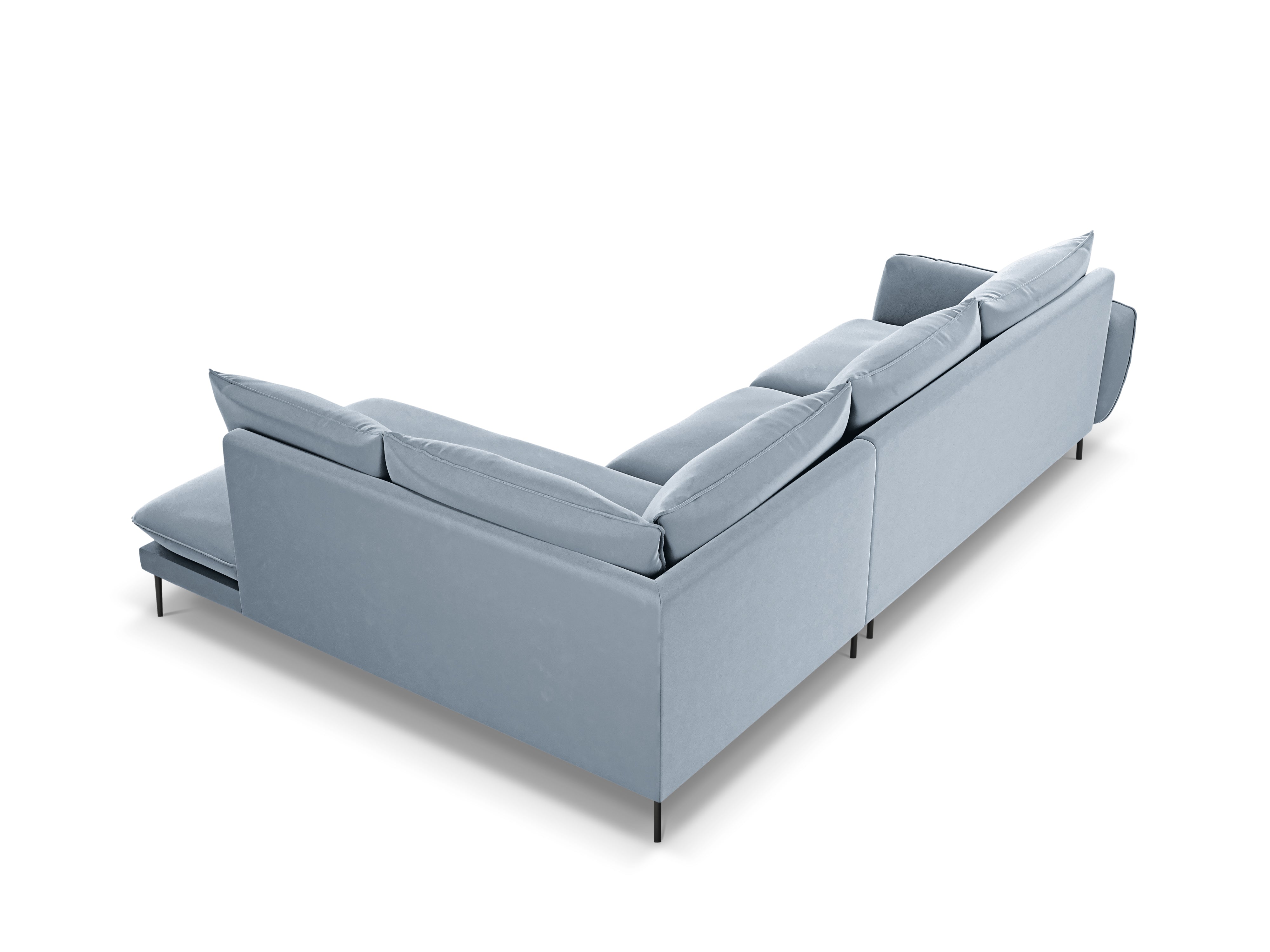 Velvet corner sofa for 6 people, right-facing, VIENNA, light blue with a black base