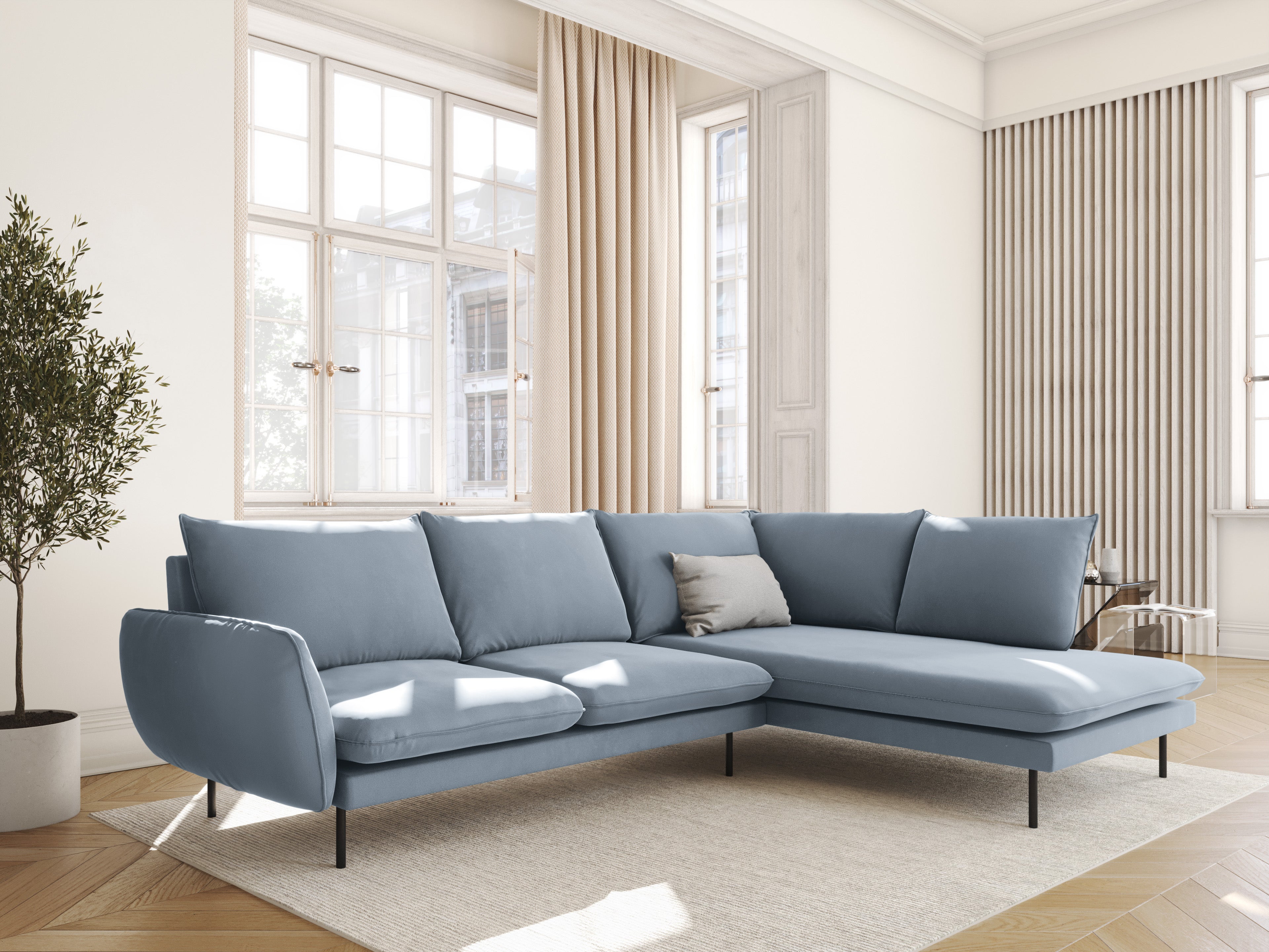 Velvet corner sofa for 6 people, right-facing, VIENNA, light blue with a black base