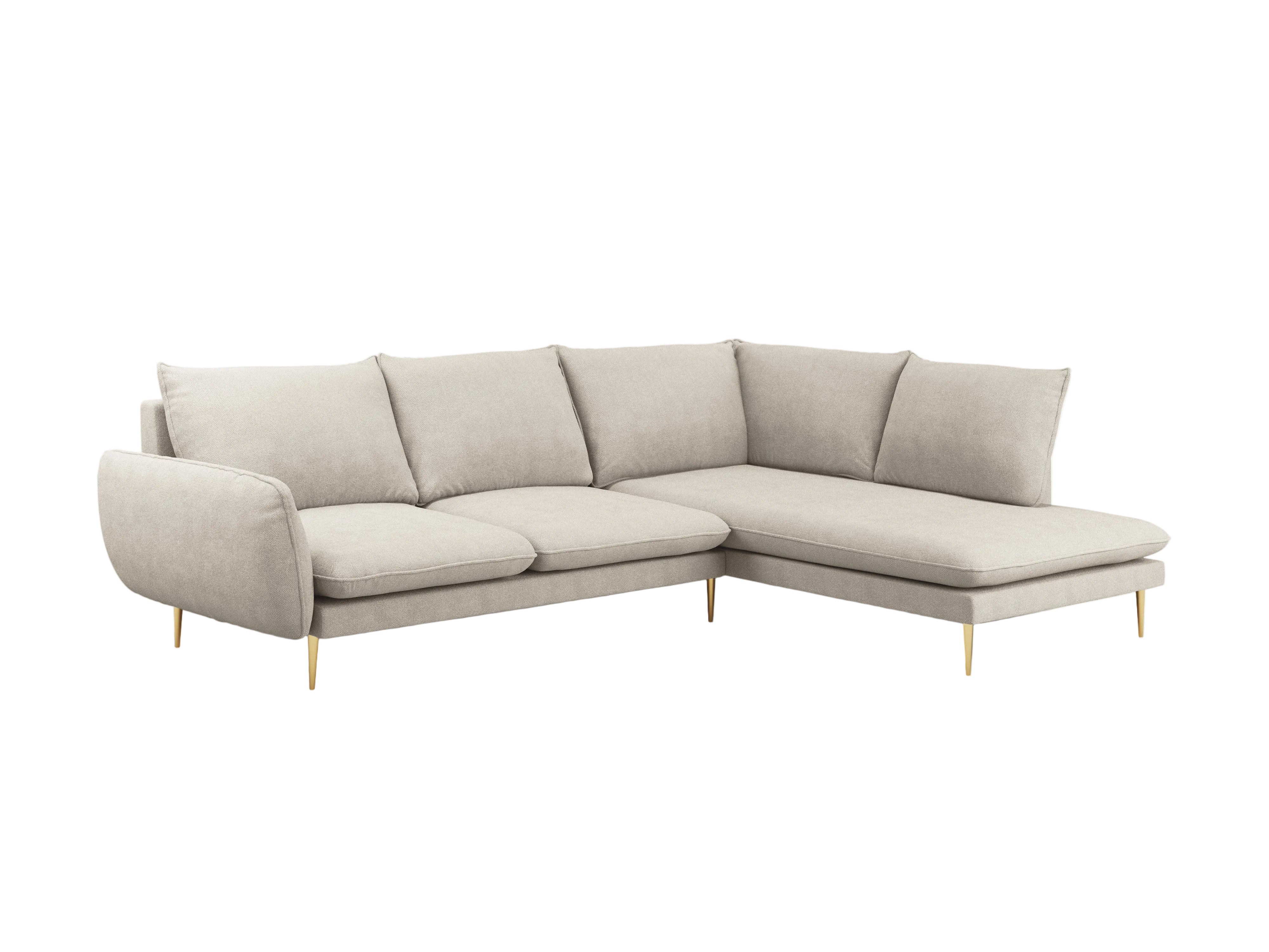 Right-facing 6-seater corner sofa VIENNA in light beige chenille with a gold base