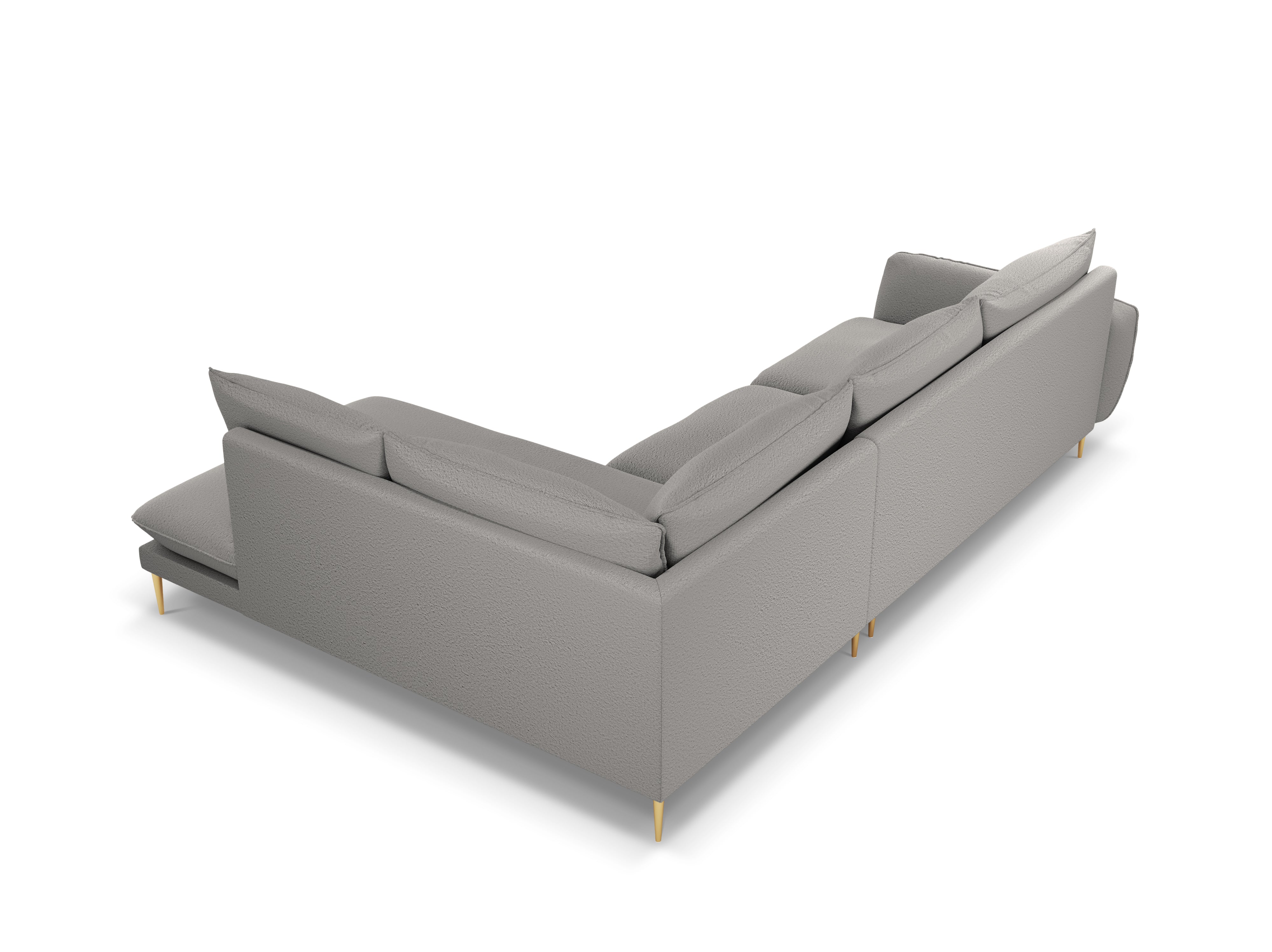 Right-facing 6-seater corner sofa VIENNA in gray boucle with a gold base