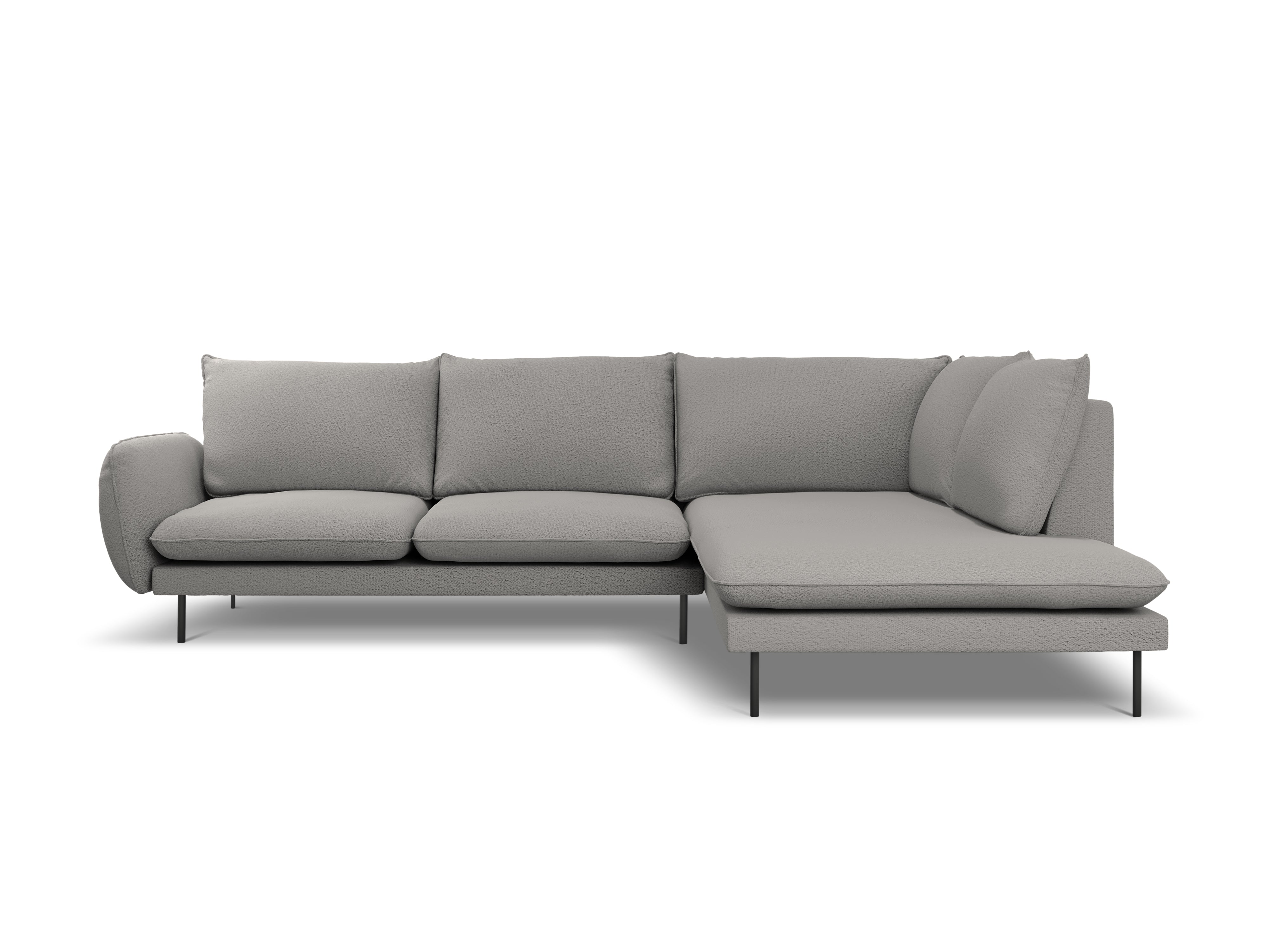 Right-facing 6-seater corner sofa VIENNA in gray boucle with a black base