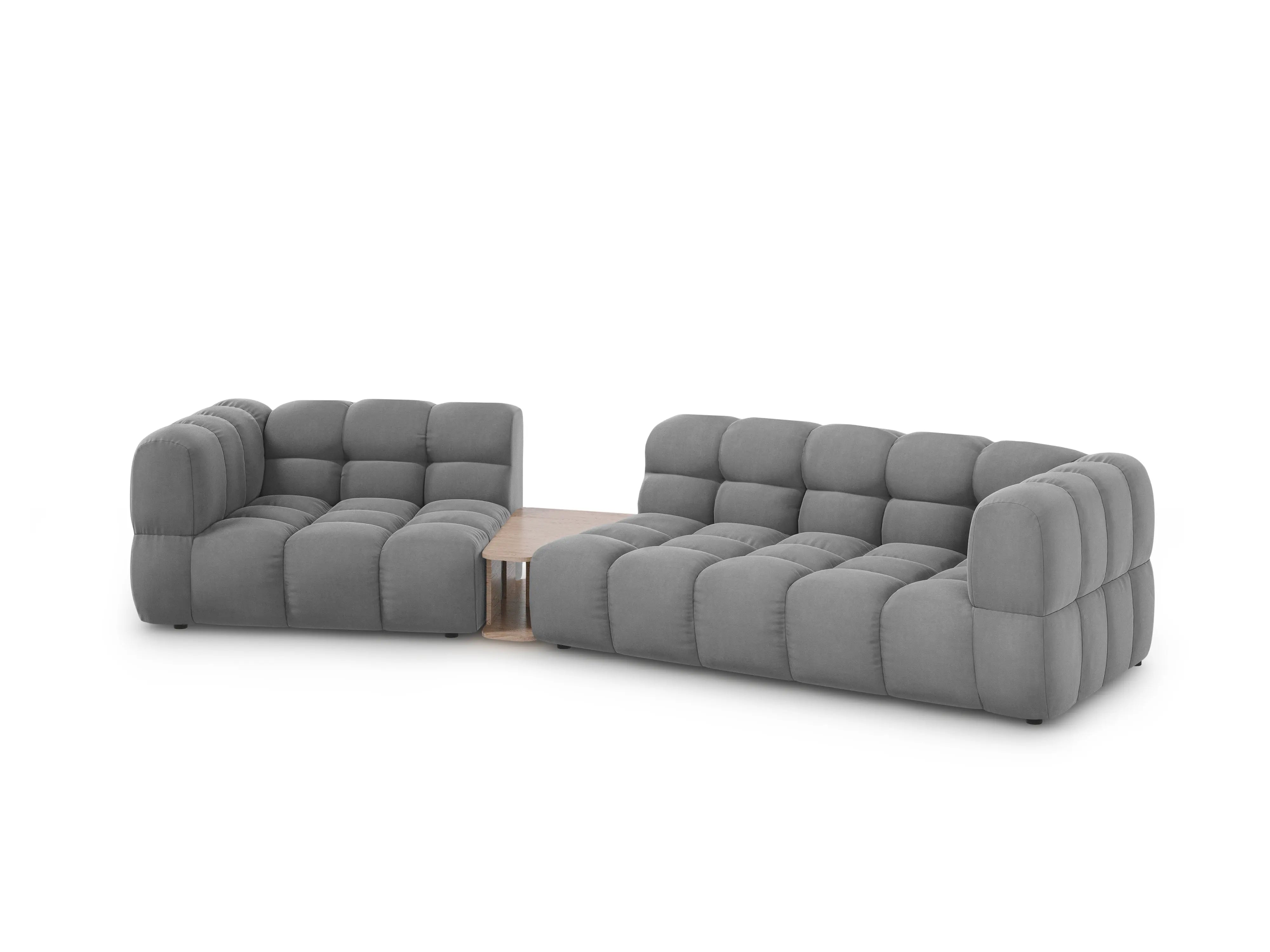 Sofa aksamitna lewostronna 3-osobowa zaokrąglona ze stolikiem SKY jasnoszary – Cosmopolitan Design