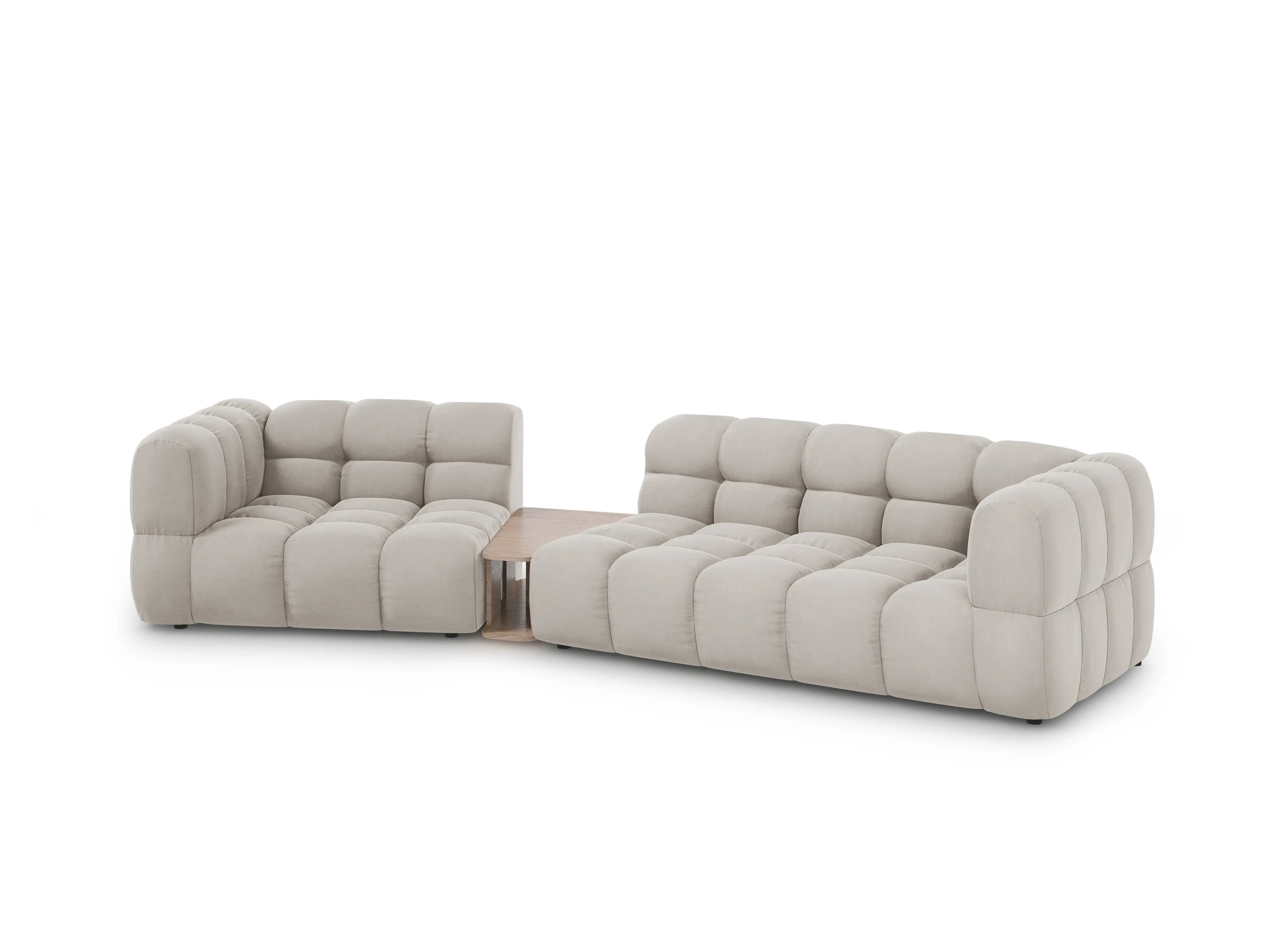 Sofa aksamitna lewostronna 3-osobowa zaokrąglona ze stolikiem SKY jasnobeżowy – Cosmopolitan Design