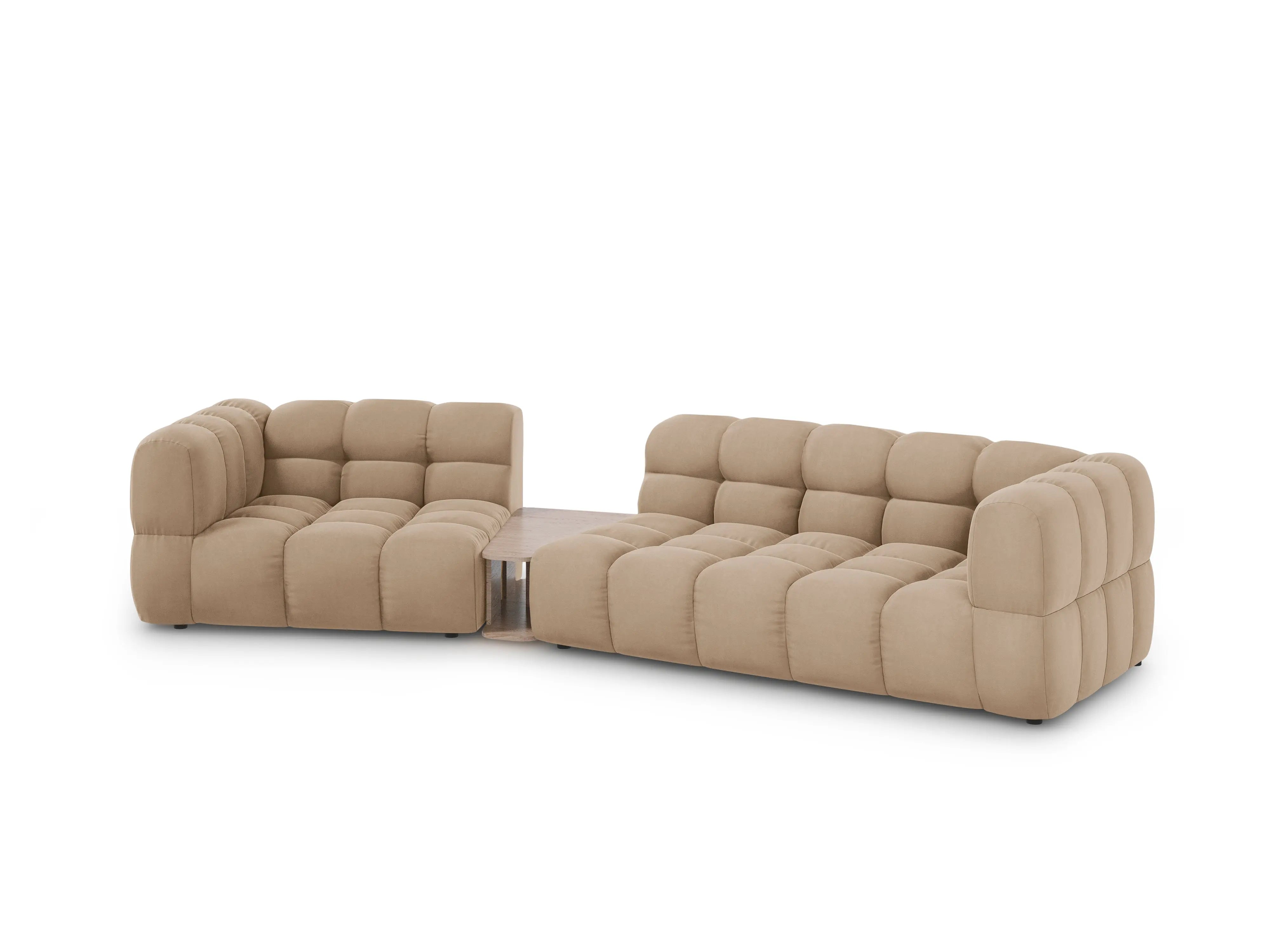 Sofa aksamitna lewostronna 3-osobowa zaokrąglona ze stolikiem SKY piaskowy – Cosmopolitan Design