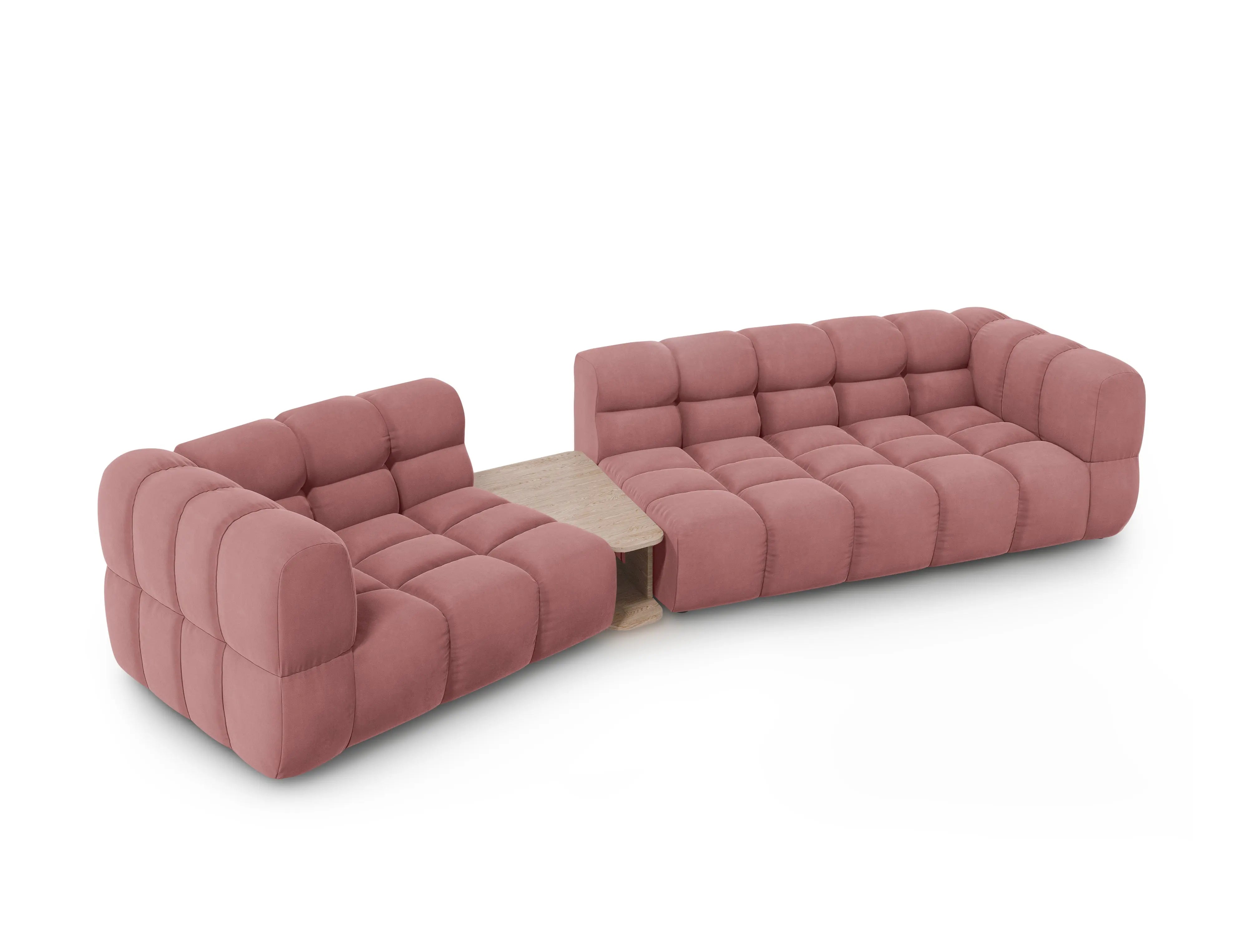 Sofa aksamitna lewostronna 3-osobowa zaokrąglona ze stolikiem SKY łososiowy – Cosmopolitan Design
