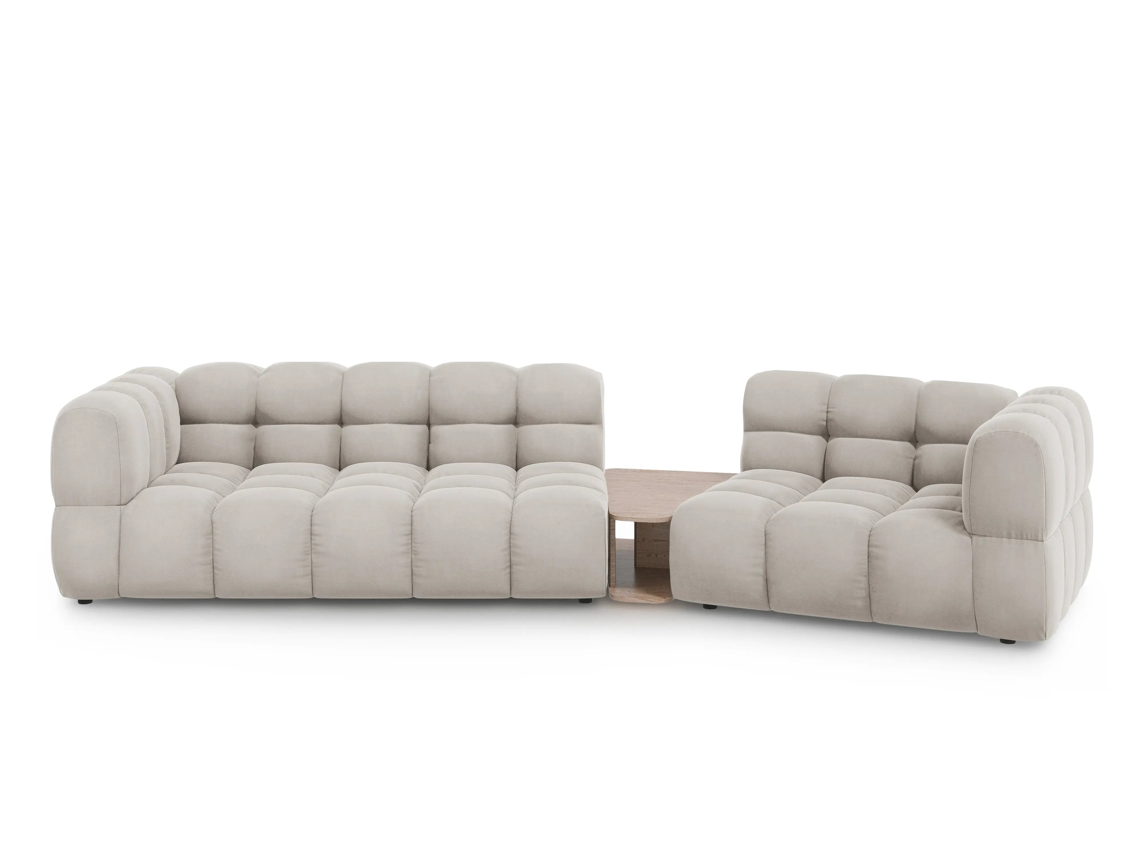 Sofa aksamitna prawostronna 3-osobowa zaokrąglona ze stolikiem SKY jasnobeżowy – Cosmopolitan Design