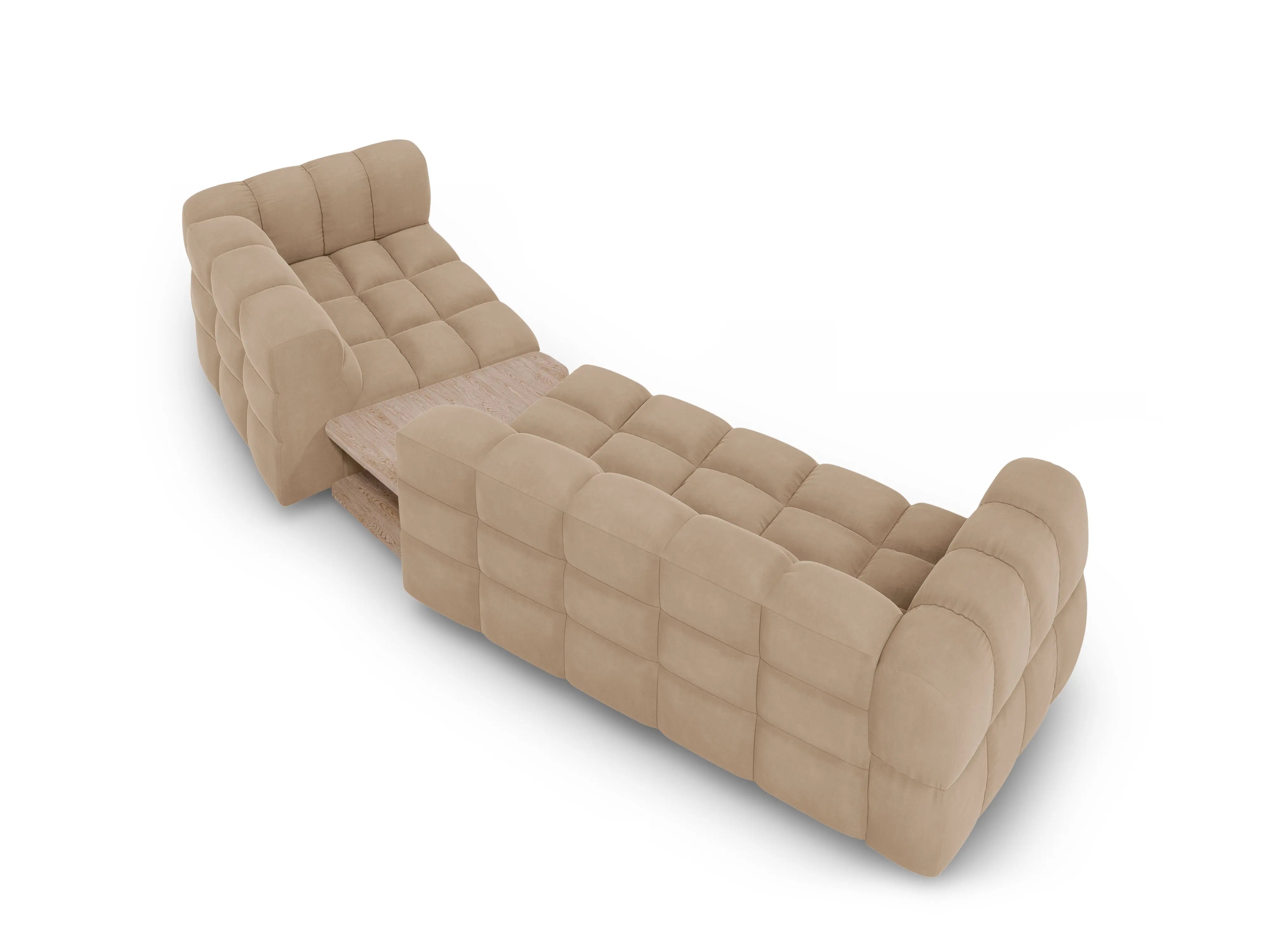 Sofa aksamitna prawostronna 3-osobowa zaokrąglona ze stolikiem SKY piaskowy – Cosmopolitan Design