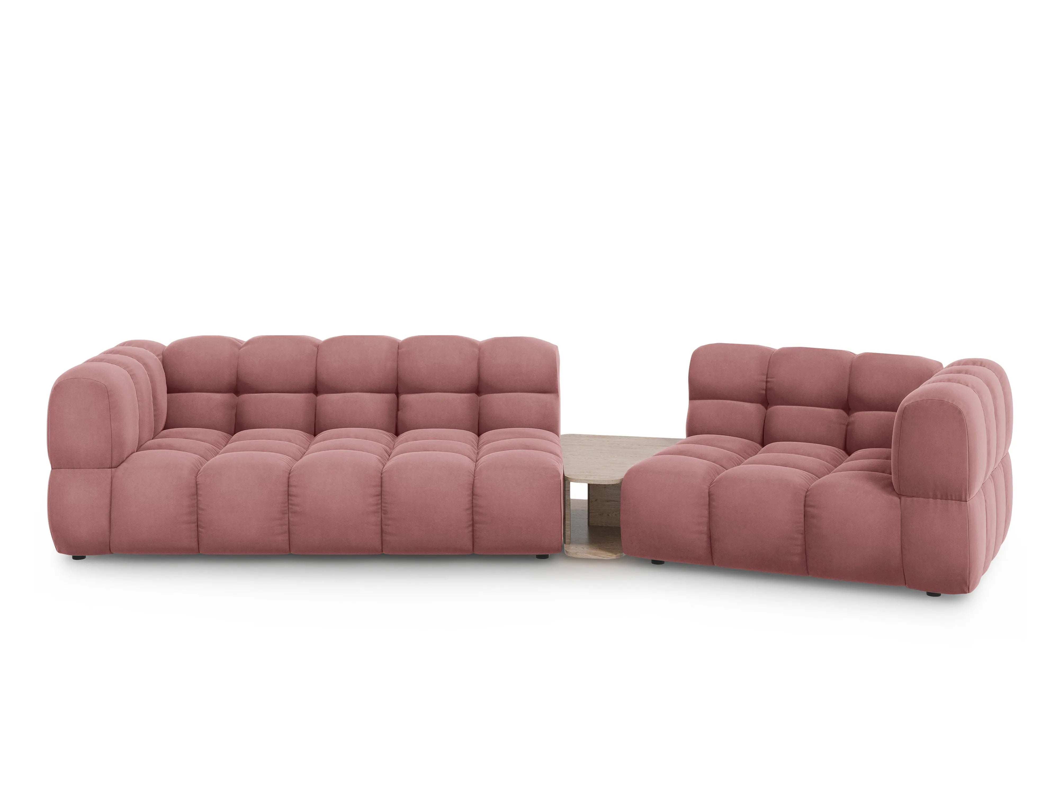 Sofa aksamitna prawostronna 3-osobowa zaokrąglona ze stolikiem SKY łososiowa – Cosmopolitan Design