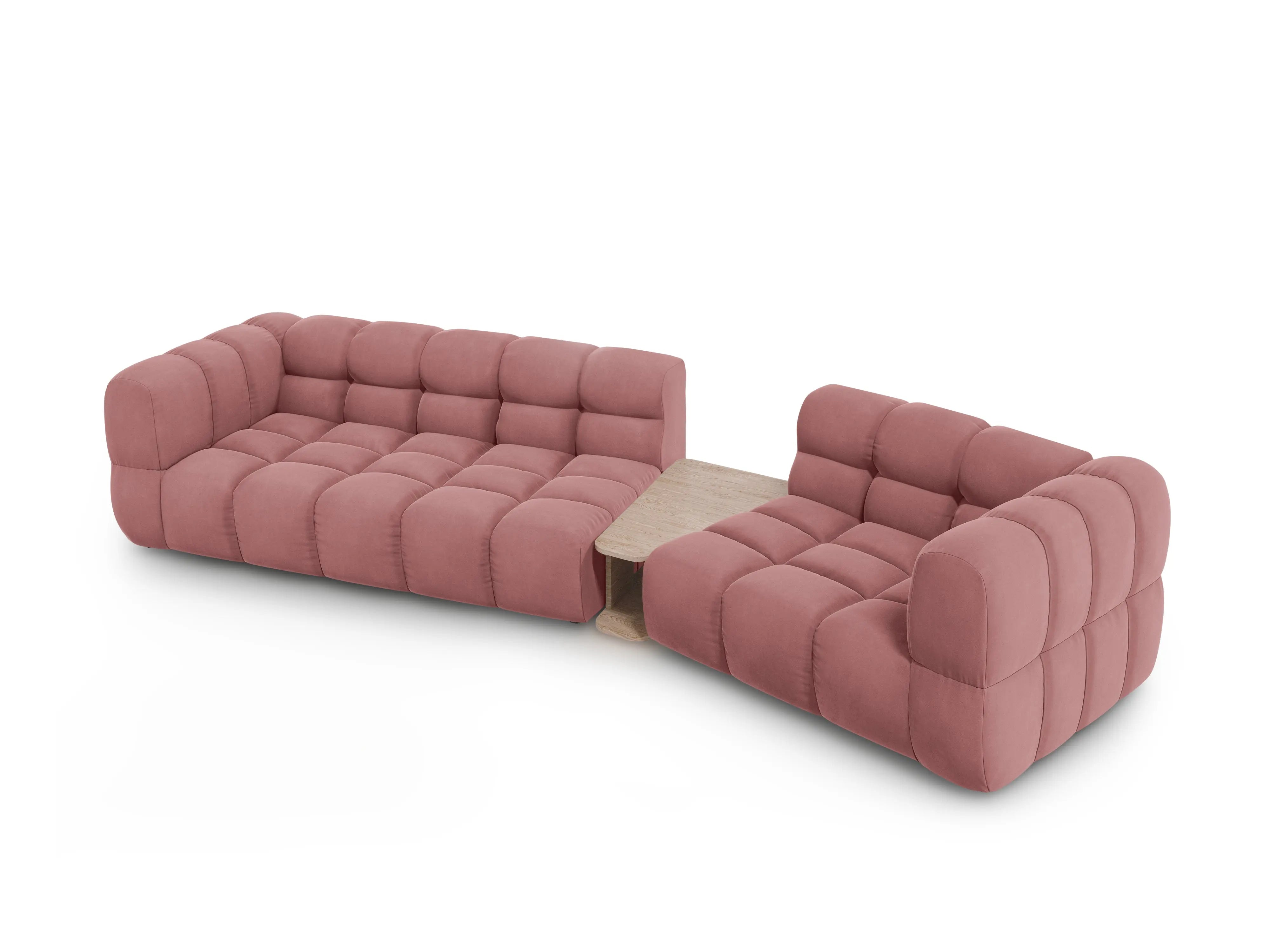 Sofa aksamitna prawostronna 3-osobowa zaokrąglona ze stolikiem SKY łososiowa – Cosmopolitan Design