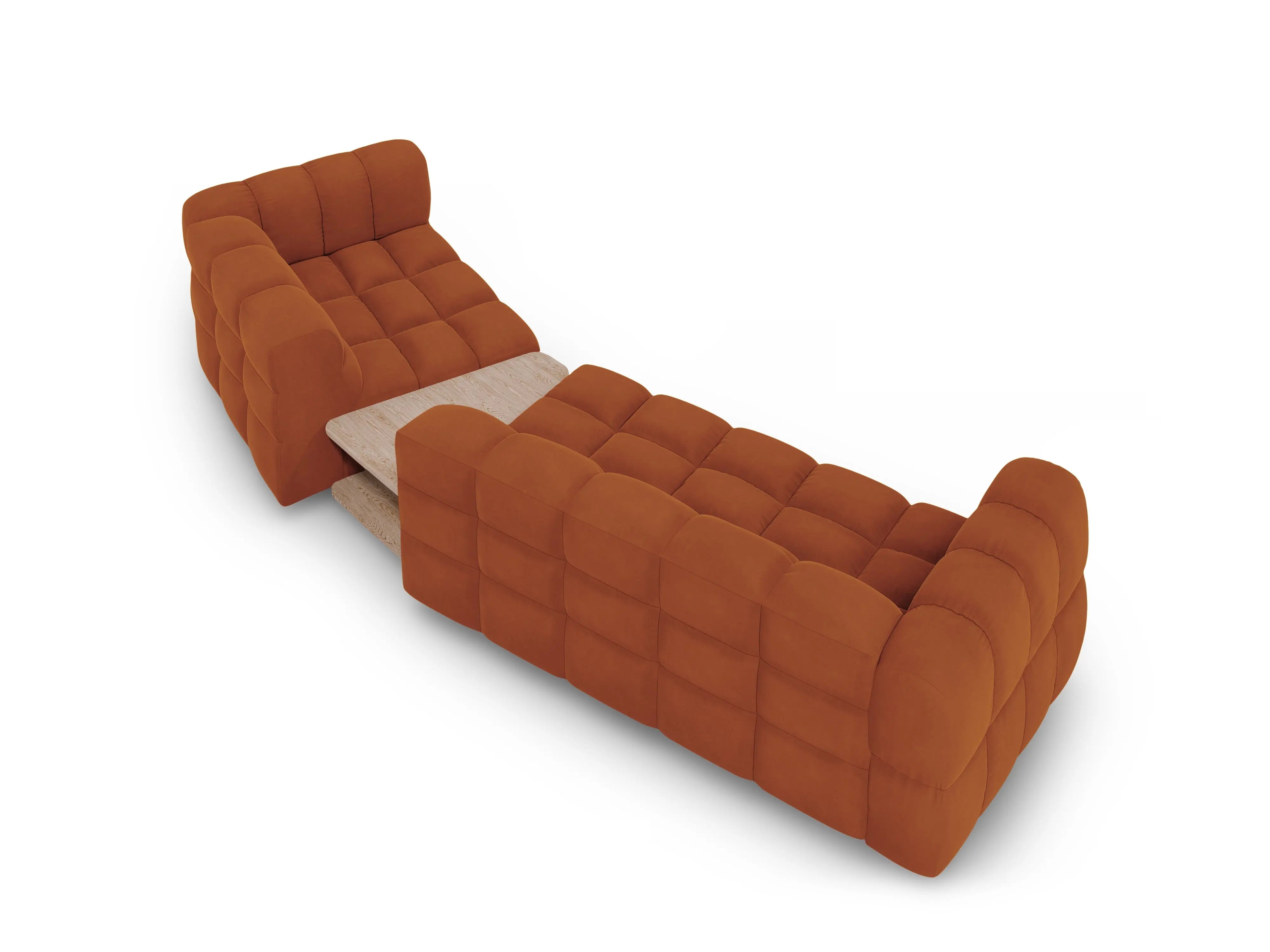Sofa aksamitna prawostronna 3-osobowa zaokrąglona ze stolikiem SKY terracotta – Cosmopolitan Design