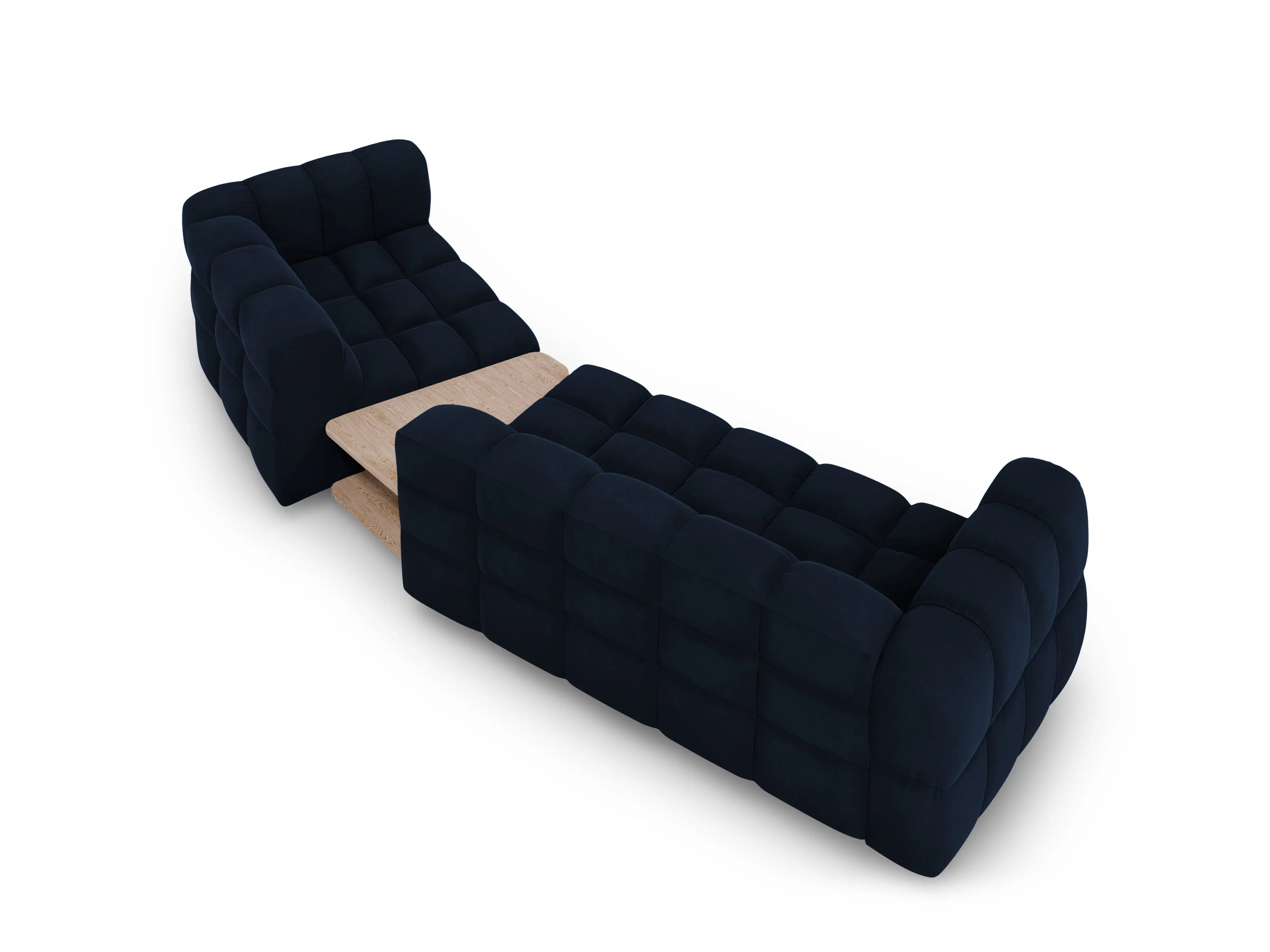 Sofa aksamitna prawostronna 3-osobowa zaokrąglona ze stolikiem SKY granat królewski – Cosmopolitan Design