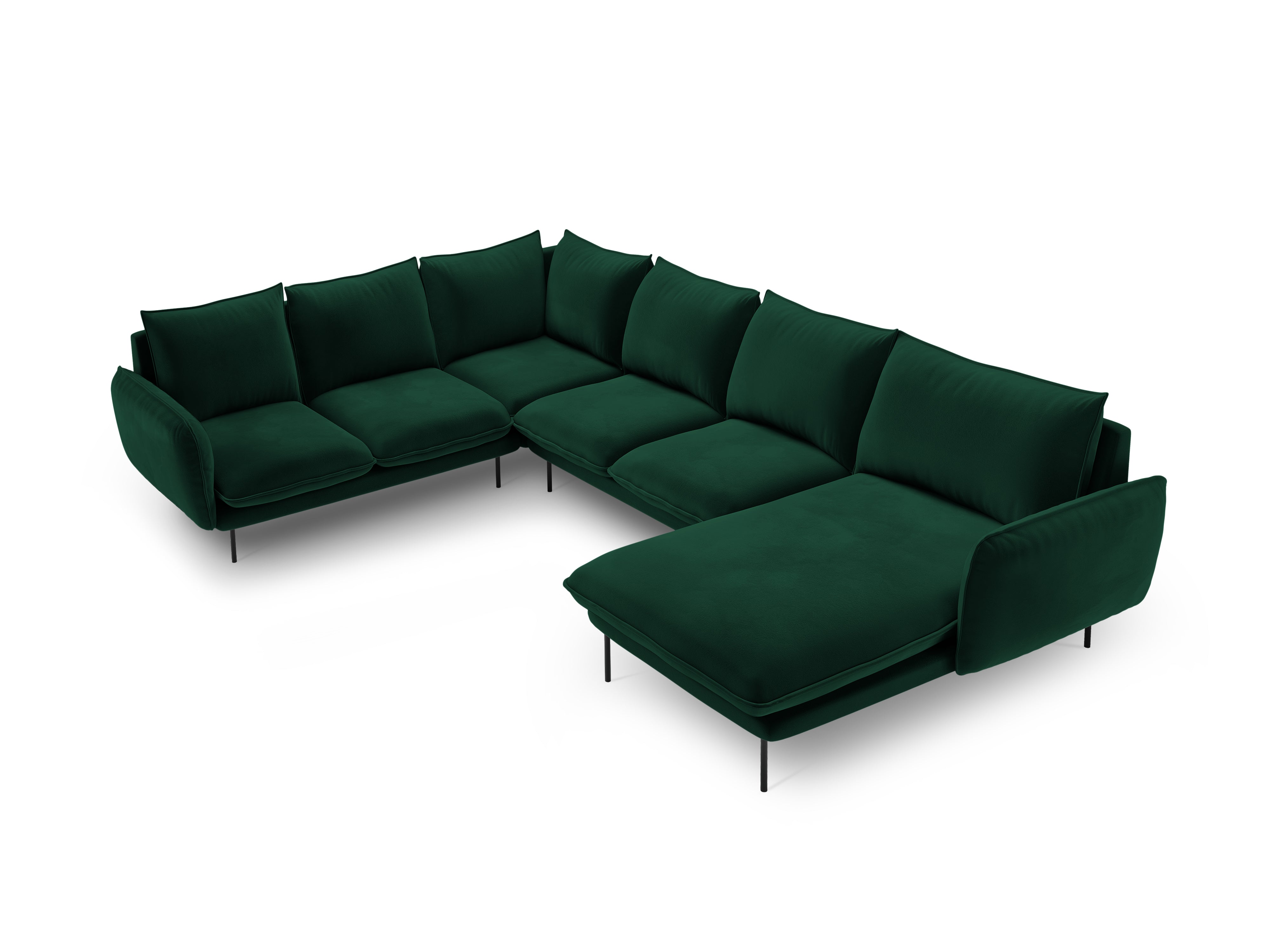 Left-facing velvet panoramic corner sofa for 7 people VIENNA in bottle green with a black base