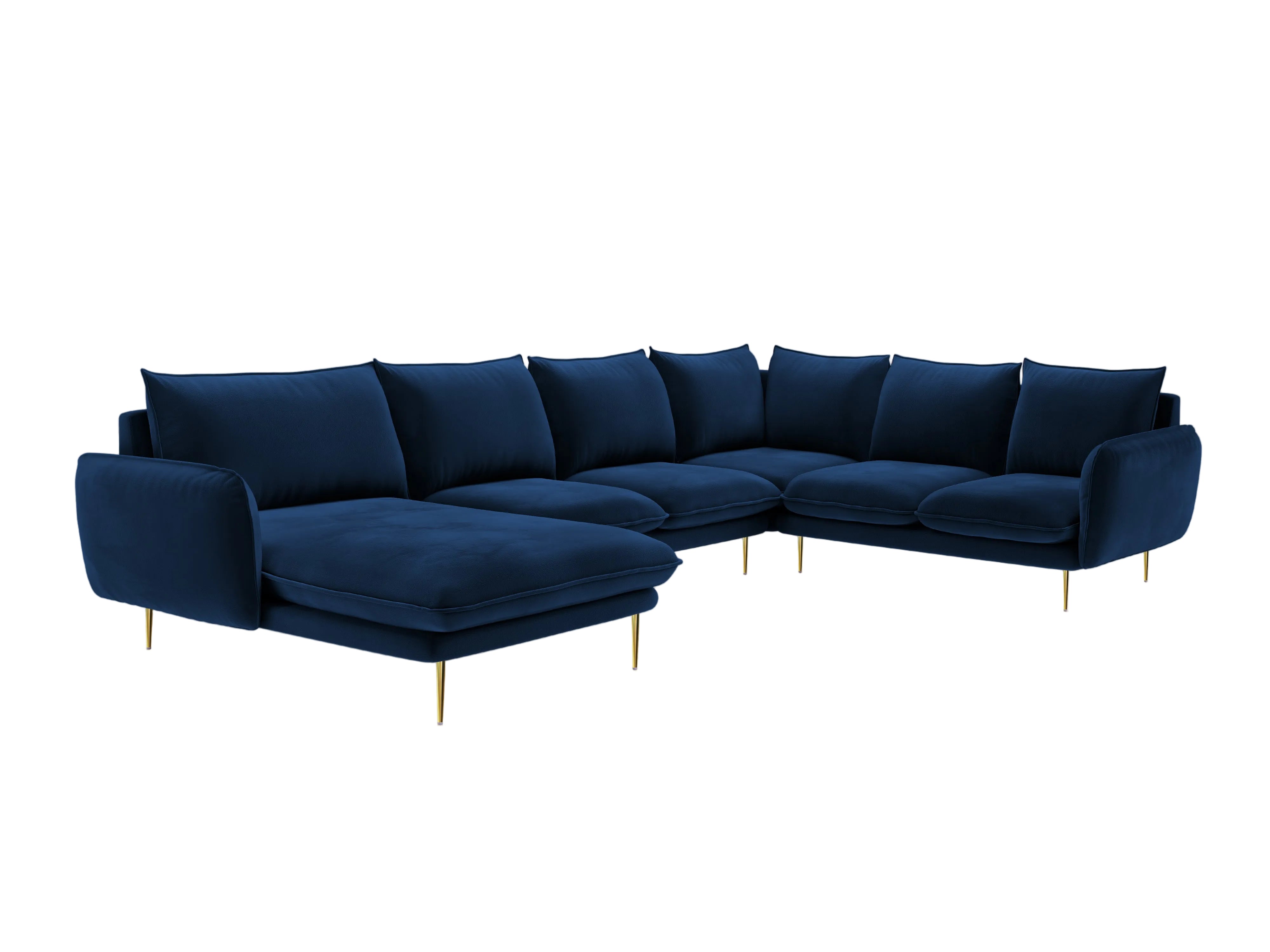 Royal blue velvet right-facing panoramic corner sofa for 7 people VIENNA with a gold base