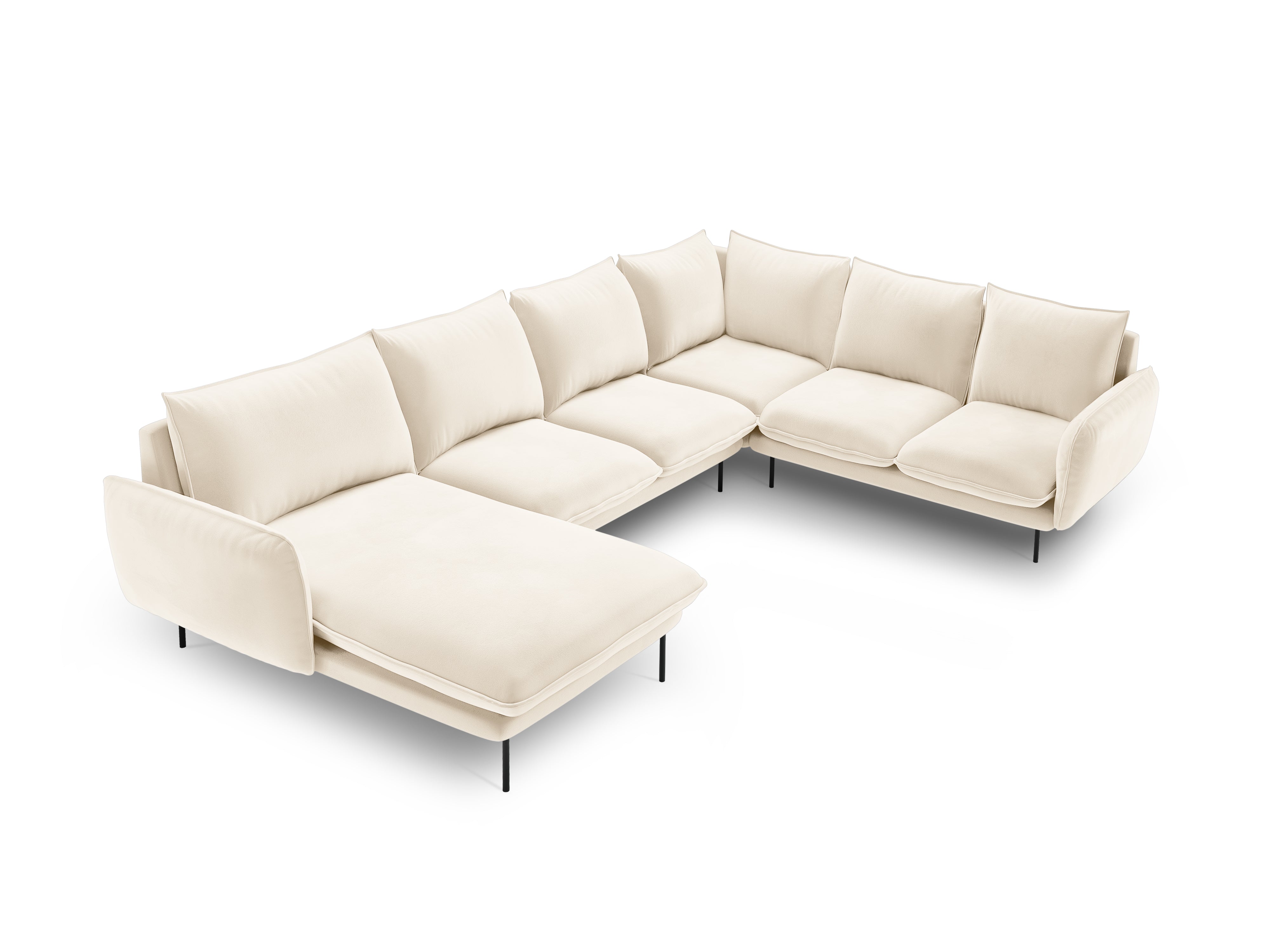 Vienna Light Beige Right-Hand Velvet Panoramic Sofa for 7 People with Black Base