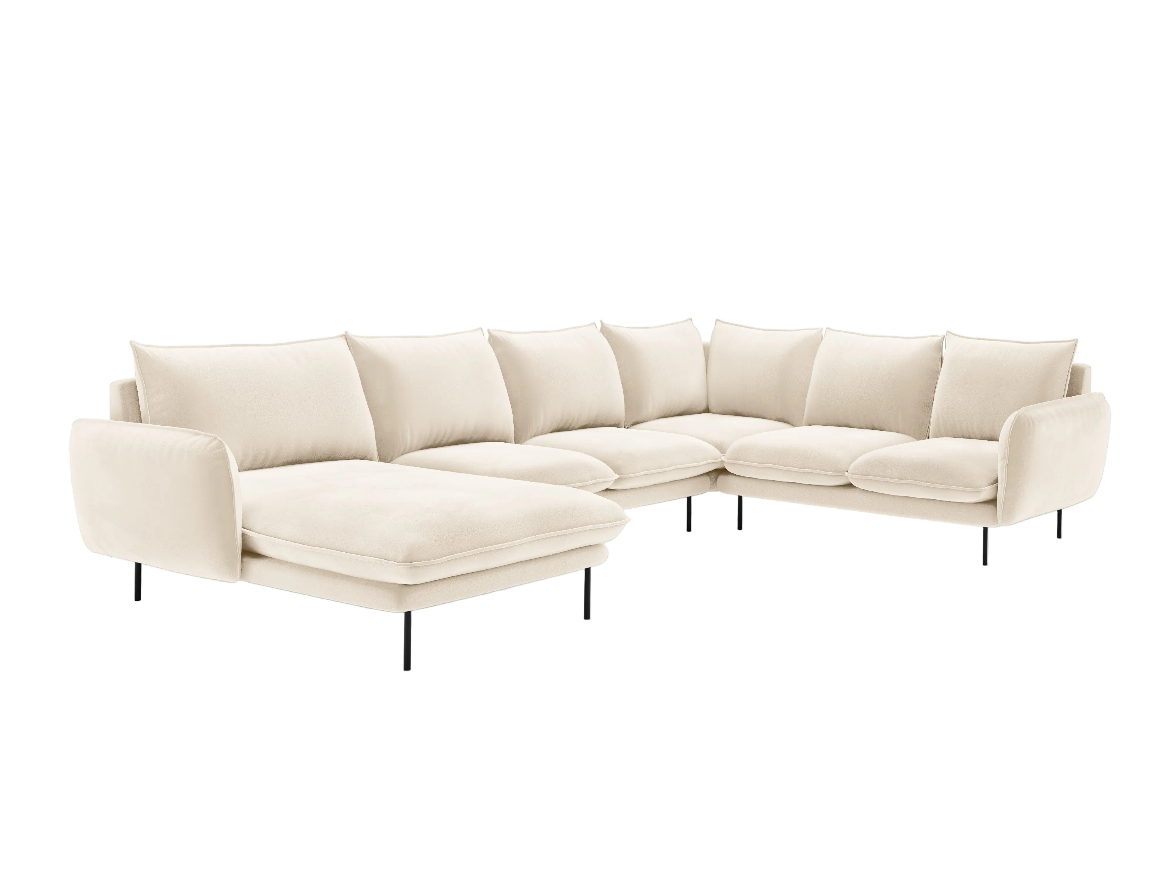 Vienna Light Beige Right-Hand Velvet Panoramic Sofa for 7 People with Black Base