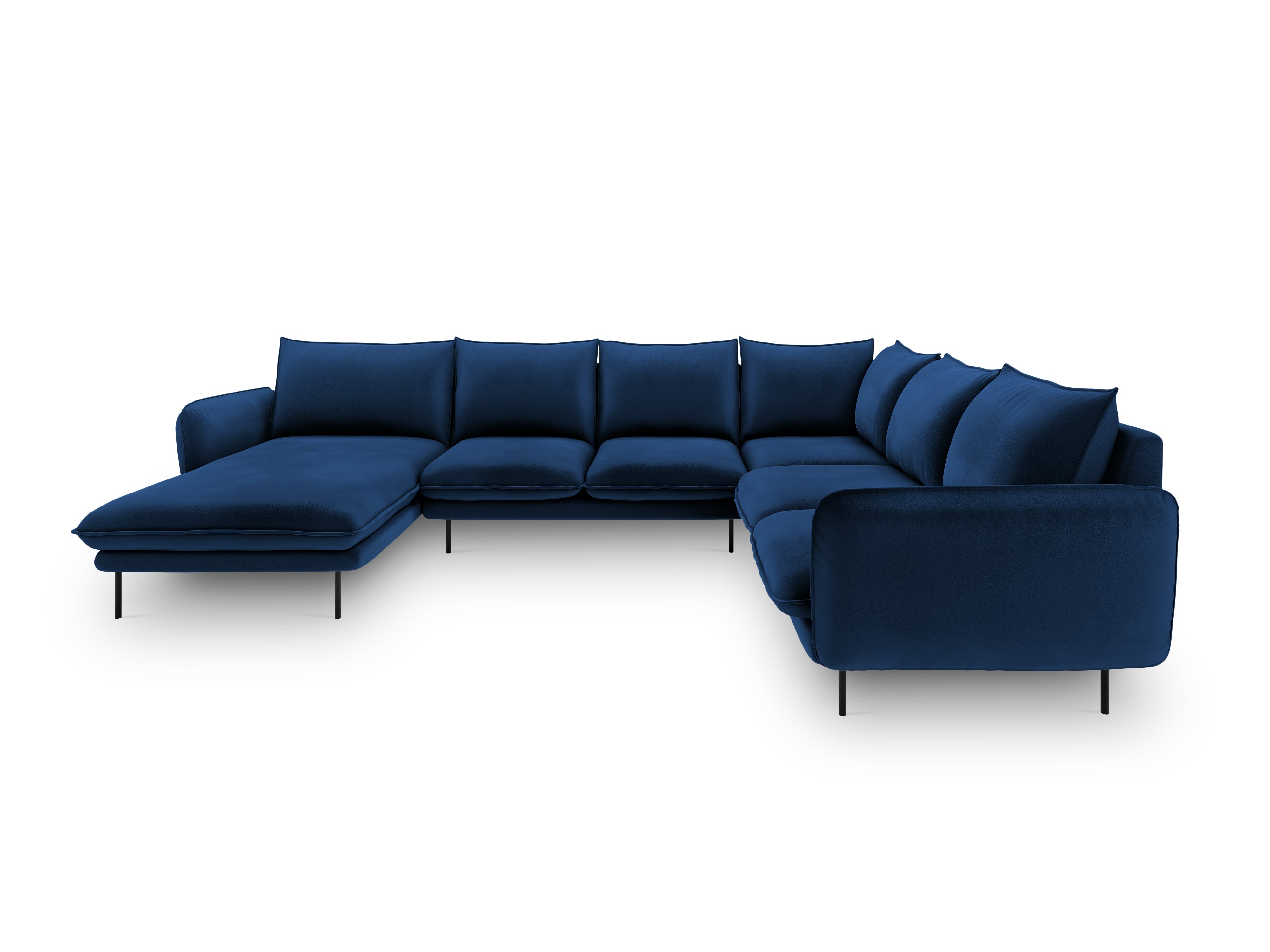 Royal blue velvet right-facing panoramic corner sofa for 7 people VIENNA with a black base