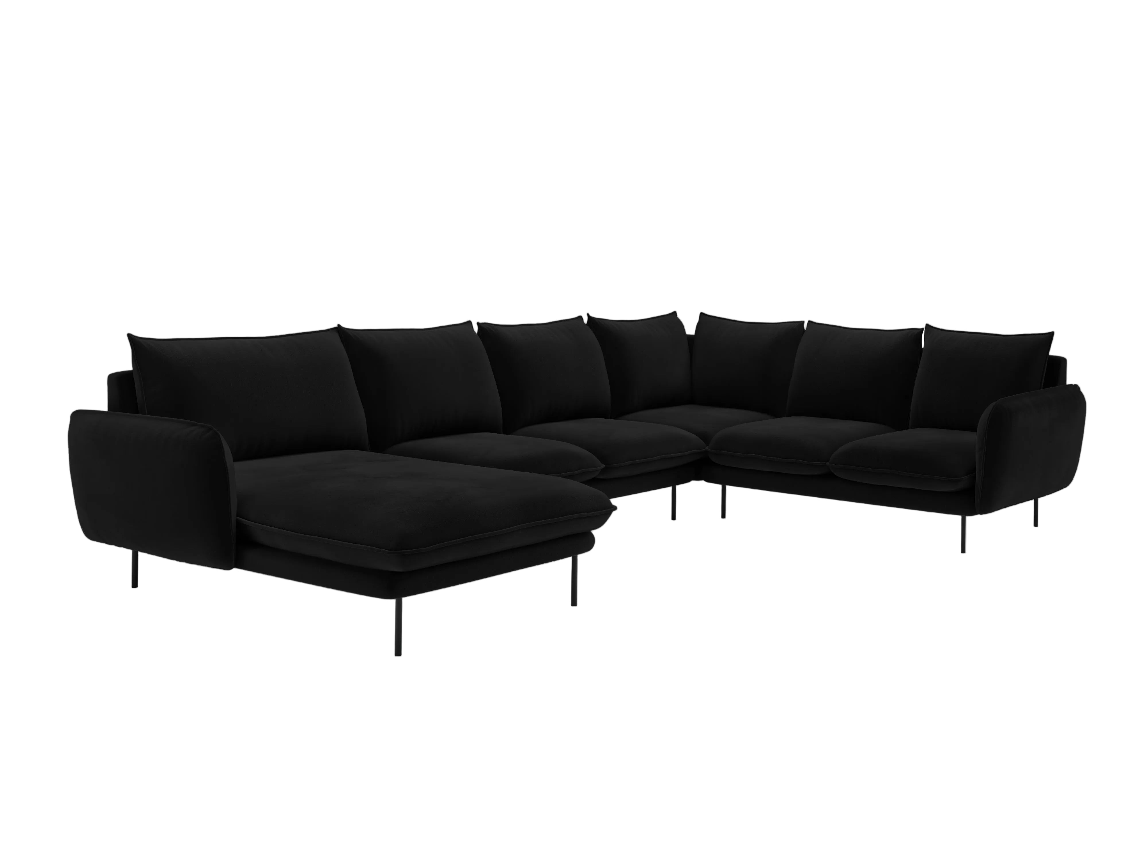 Velvet panoramic corner sofa, right-facing, 7-seater, VIENNA, black with black base