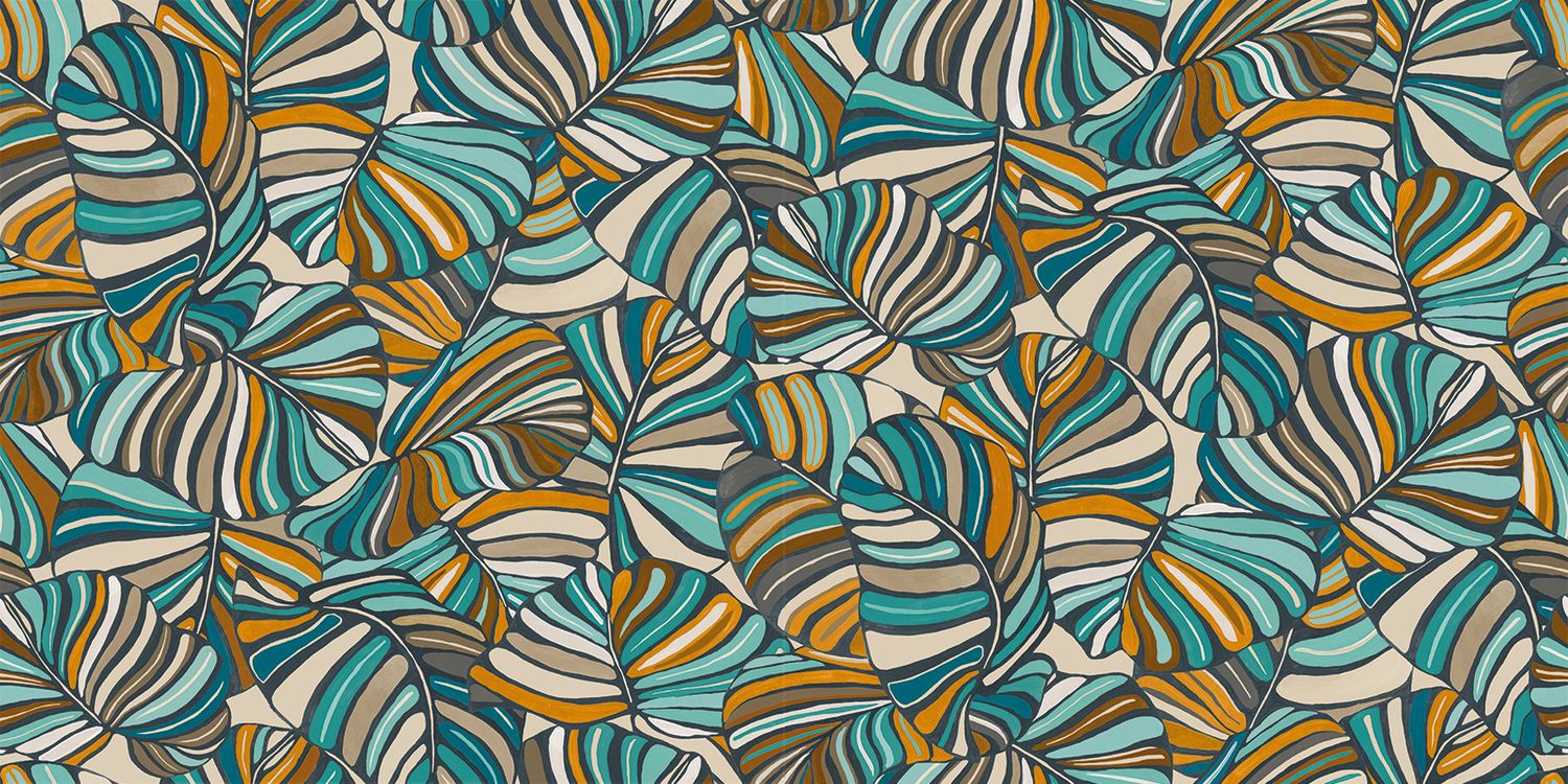 Textile wallpaper with a tropical leaf pattern PACHIRA - CELADON green with orange