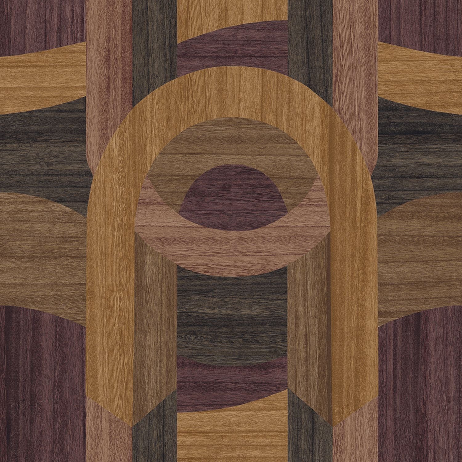 Tapeta fornirowana ze wzorem geometrycznym art deco TRAVERSÉE - AUBERGINE CHÊNE dębowy ciemny brąz