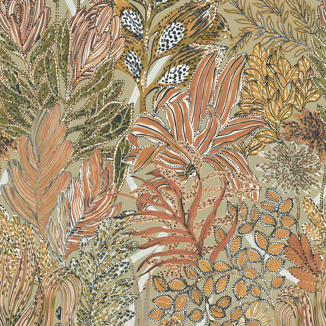 Tapeta flizelinowa z motywem roślinnym BORROMMEE - LICHEN/TERRE DE SIENNE oliwkowa zieleń z brązem