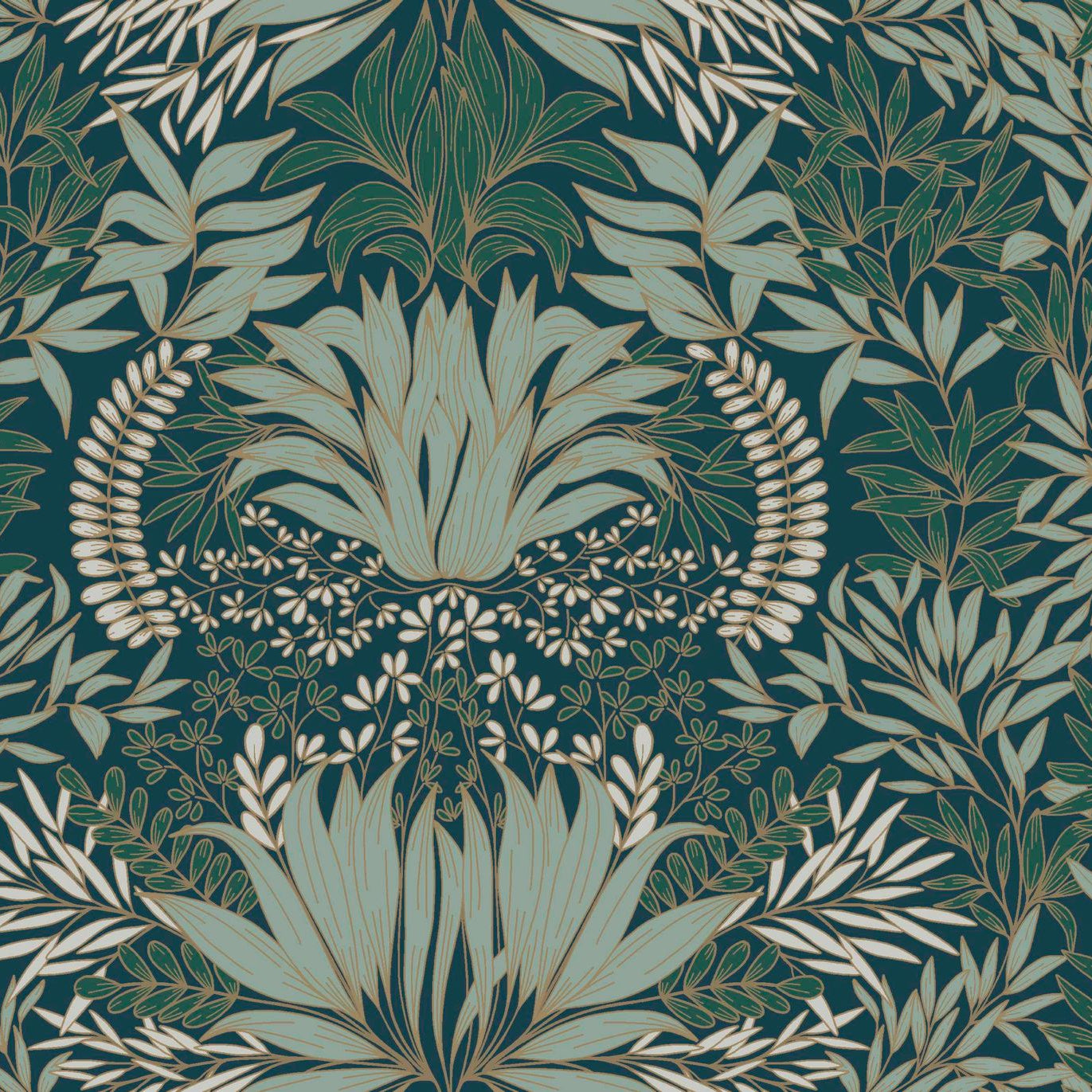 Chardon Wallpaper with Plant Motif - Blue with Celadon Green