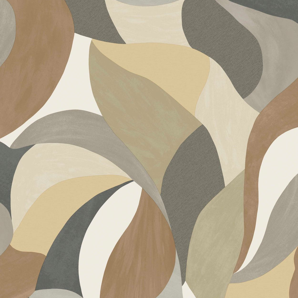 Abstract plant motif wallpaper in MANDORLA leaves - SABLE/GRIS CENDRE beige with gray