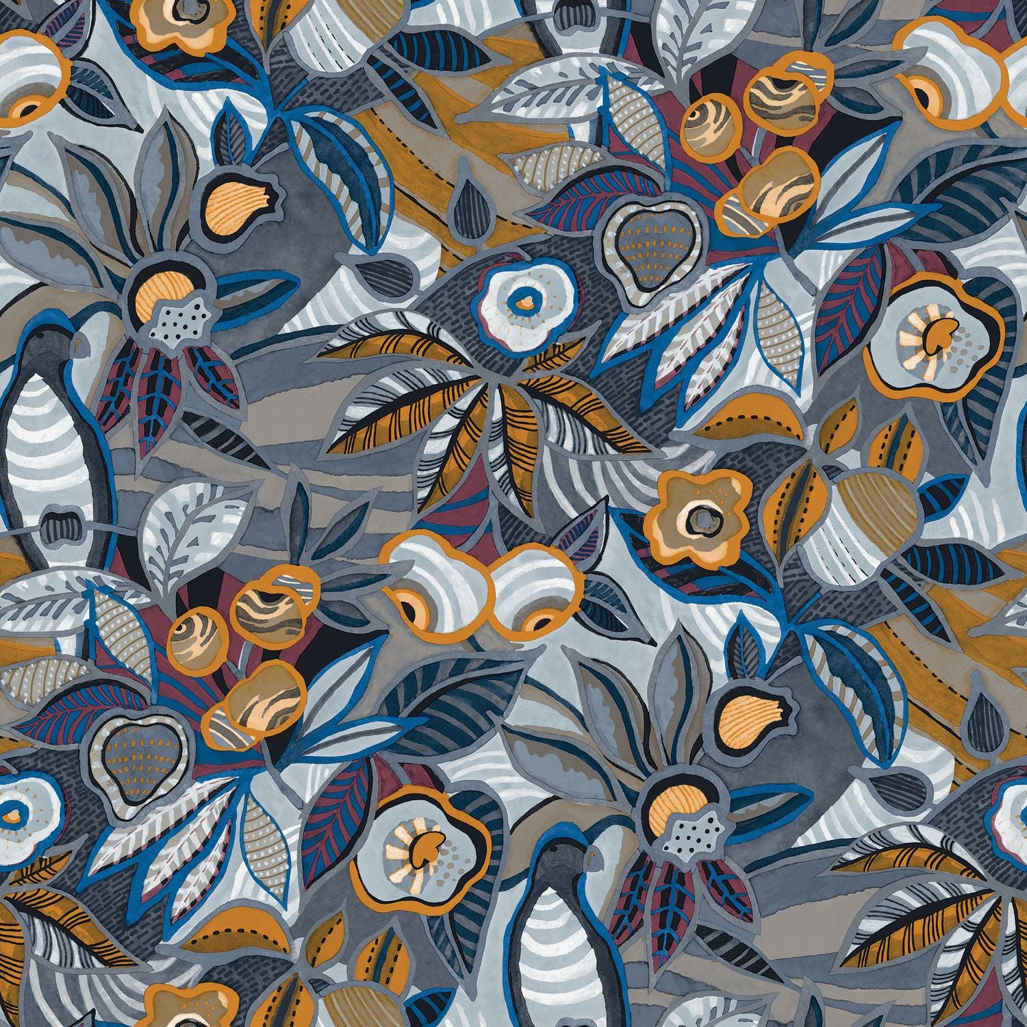 Strukturierte Tapete mit pflanzlichem Motiv aus Blättern und Blumen TEHUANA - MARINE/OCRE blau mit gelb