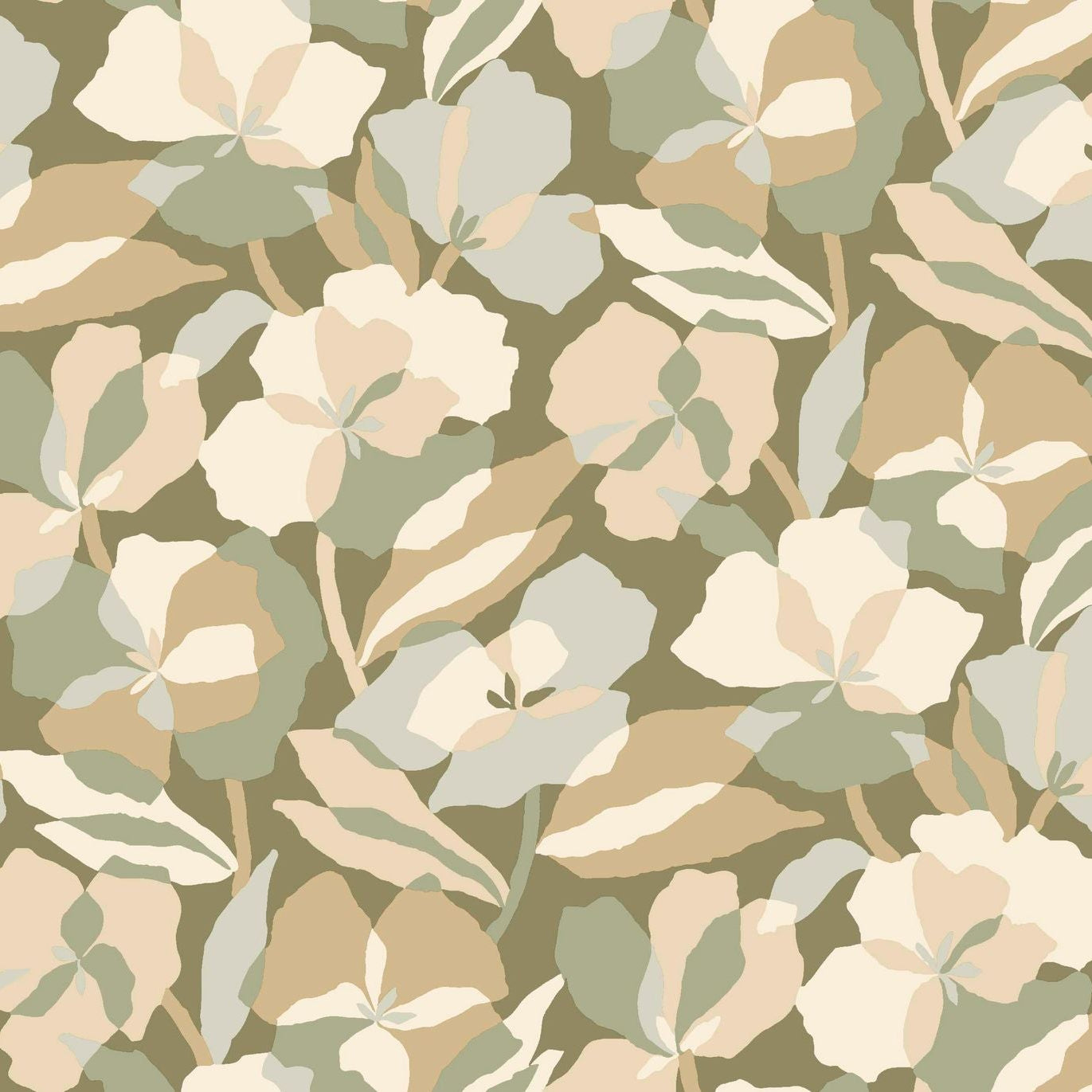 Non-woven wallpaper with a plant motif AMARYLLIS - SAGE/NACRÉ pale green with beige