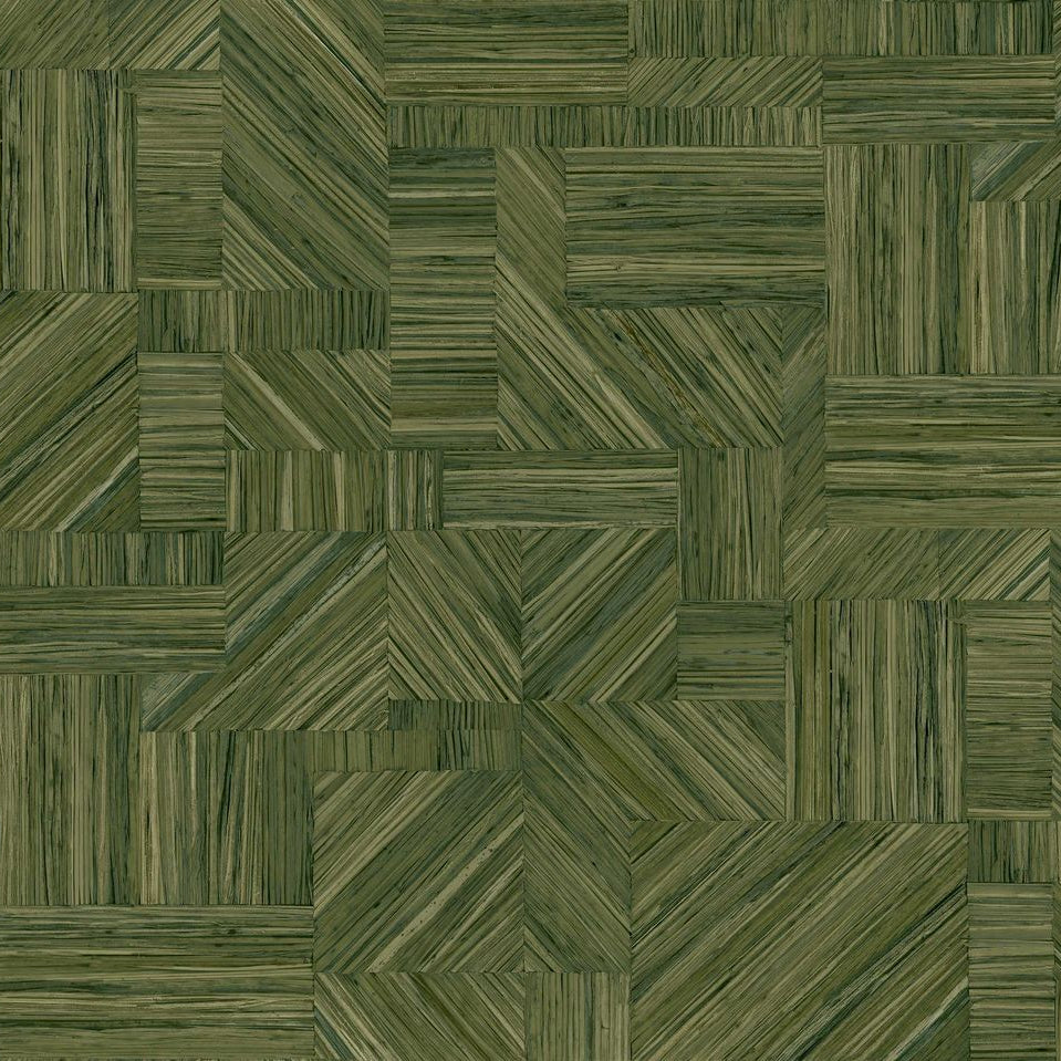 Wallpaper imitating straw patchwork IMBRICATION - VERT MOUSSE green