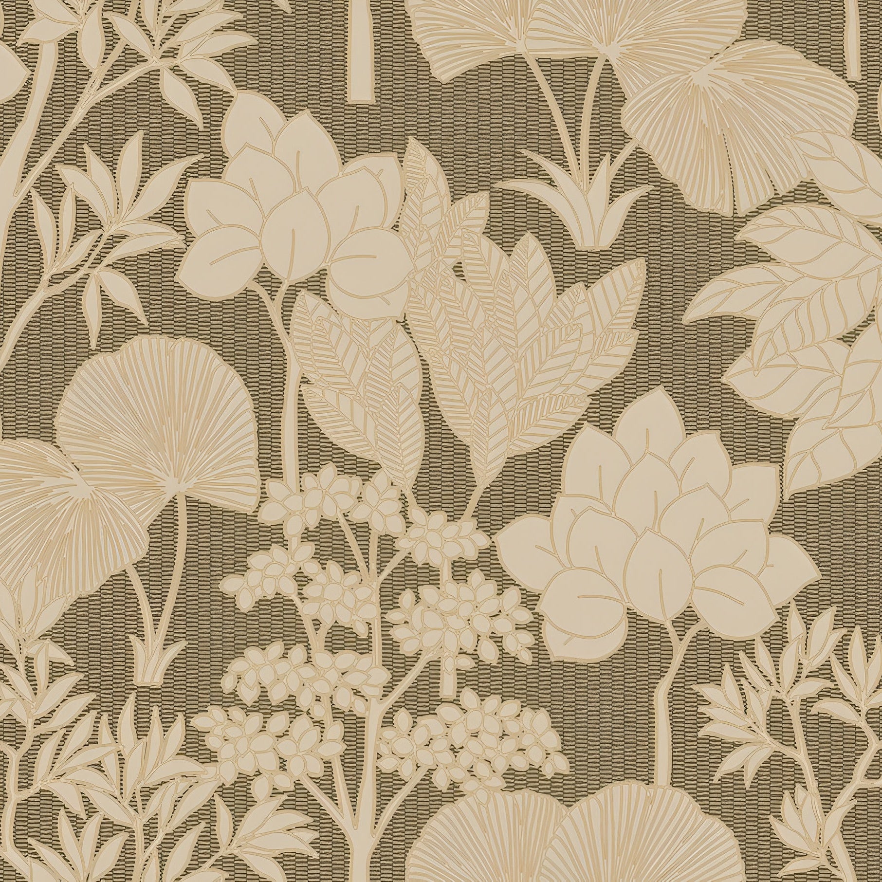 Structural wallpaper with a plant pattern of leaves and flowers INARA - KAKI/DORÉ green