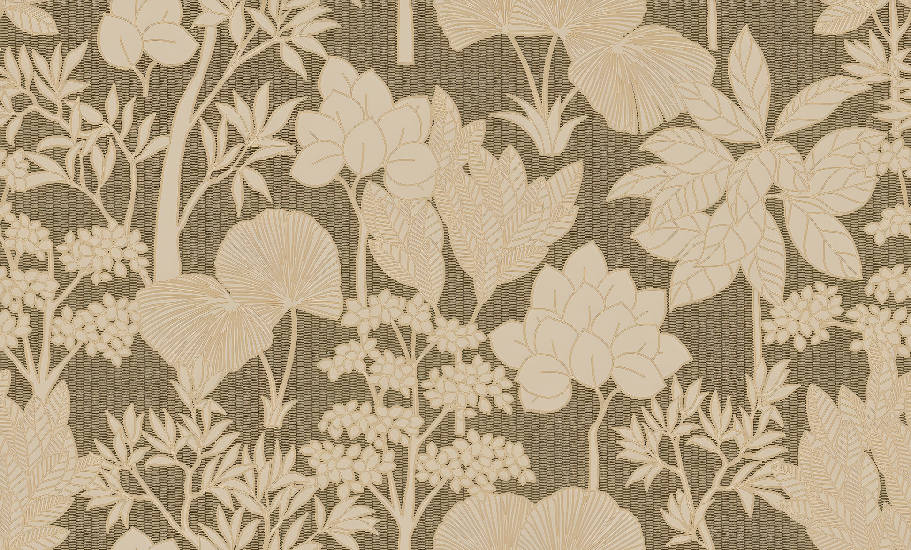 Structural wallpaper with a plant pattern of leaves and flowers INARA - KAKI/DORÉ green