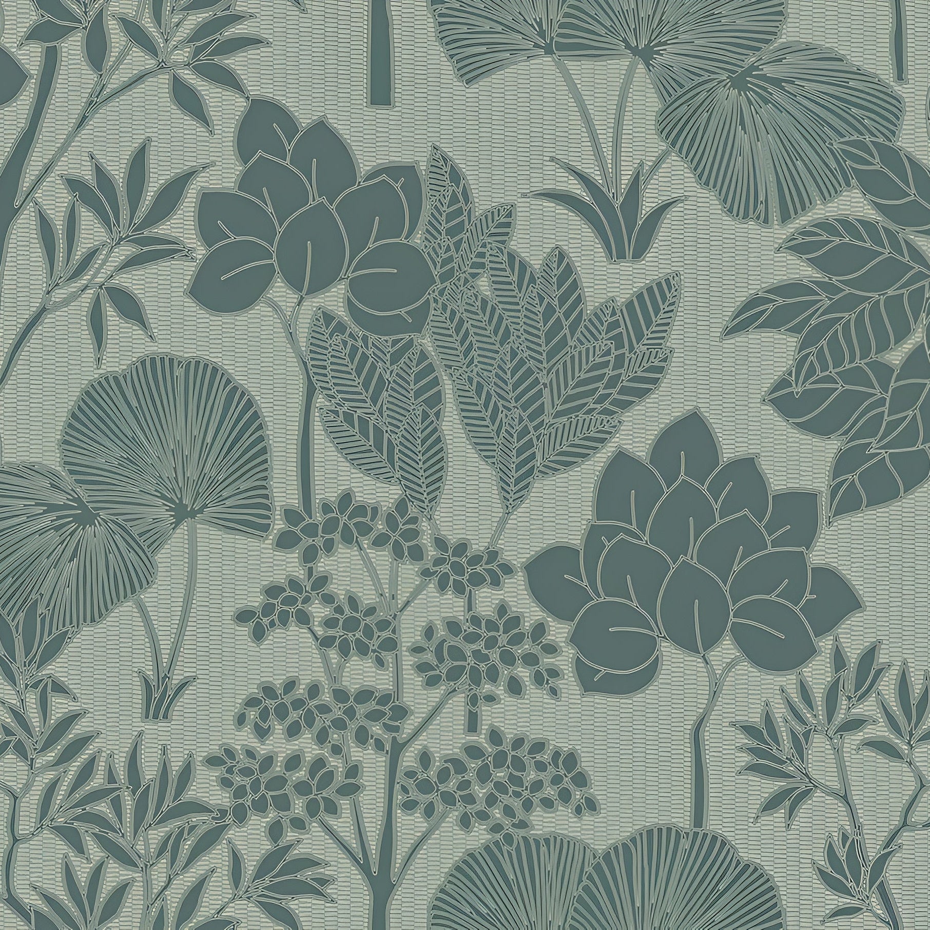 Structural wallpaper with a floral pattern of leaves and flowers INARA - CÉLADON/DORÉ light green with gray