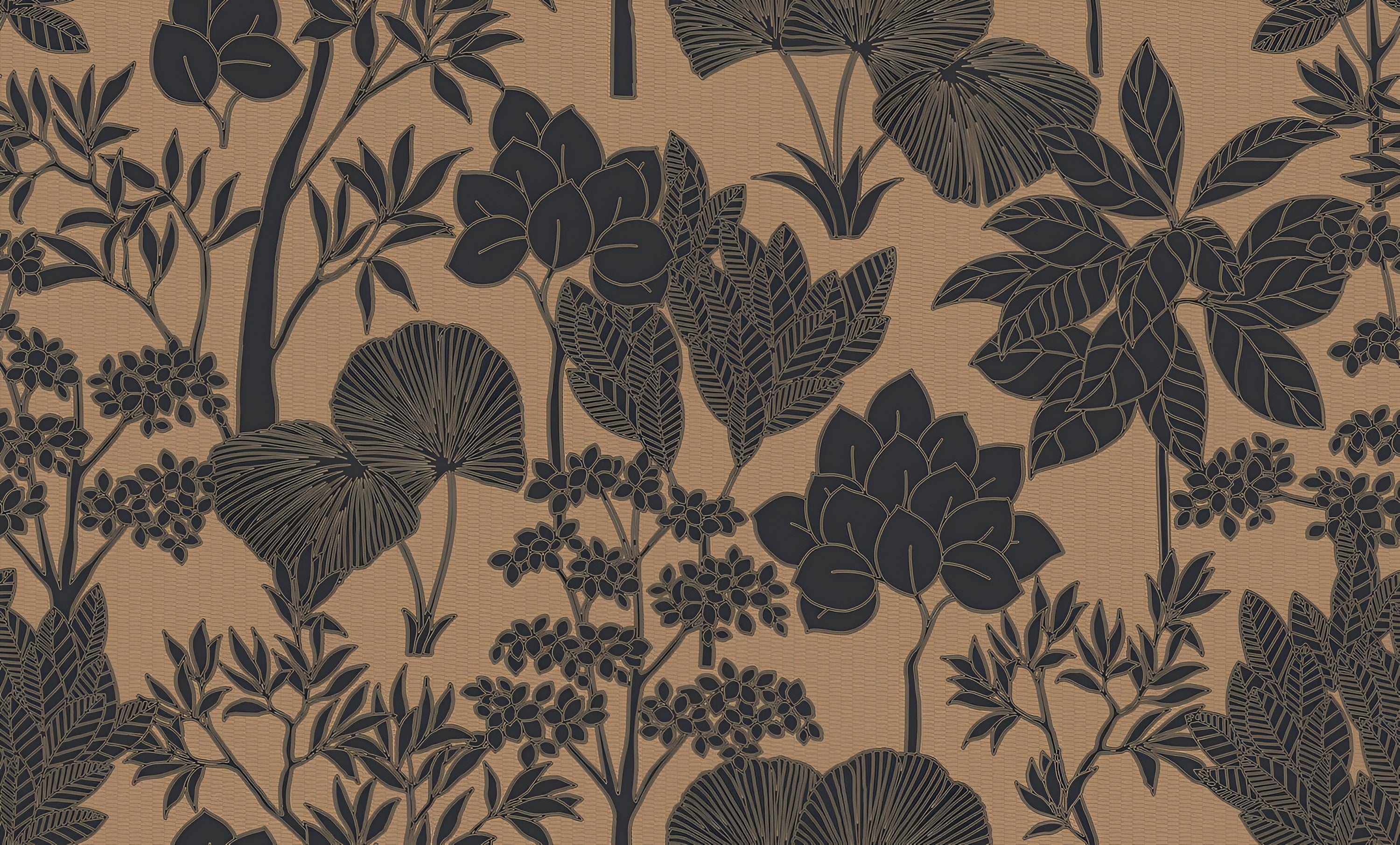 Structural wallpaper with a floral pattern of leaves and flowers INARA - NOIR/DORÉ dark beige