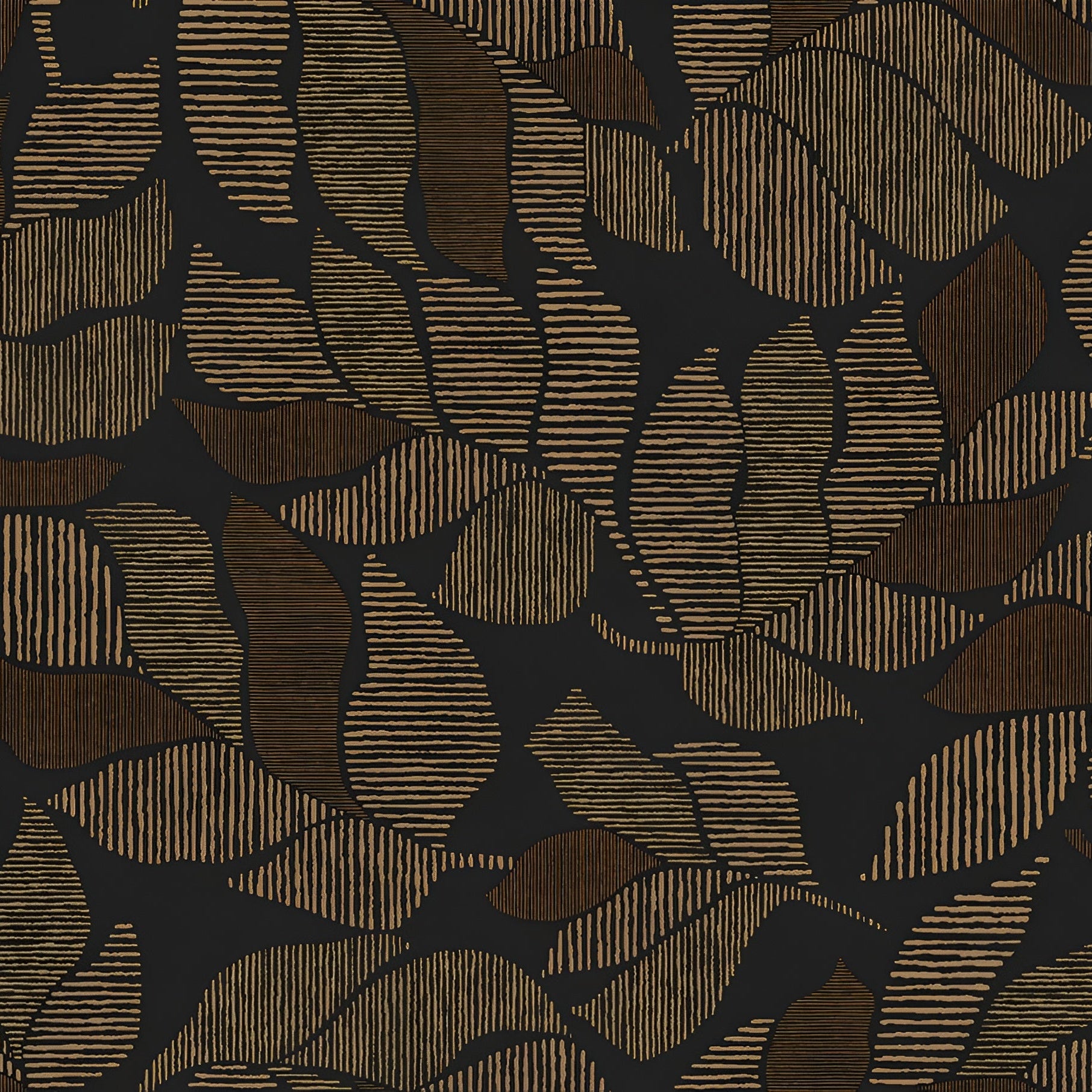 Palm leaf patterned wallpaper with metallic effect LONTARA - NOIR/DORÉ black with gold