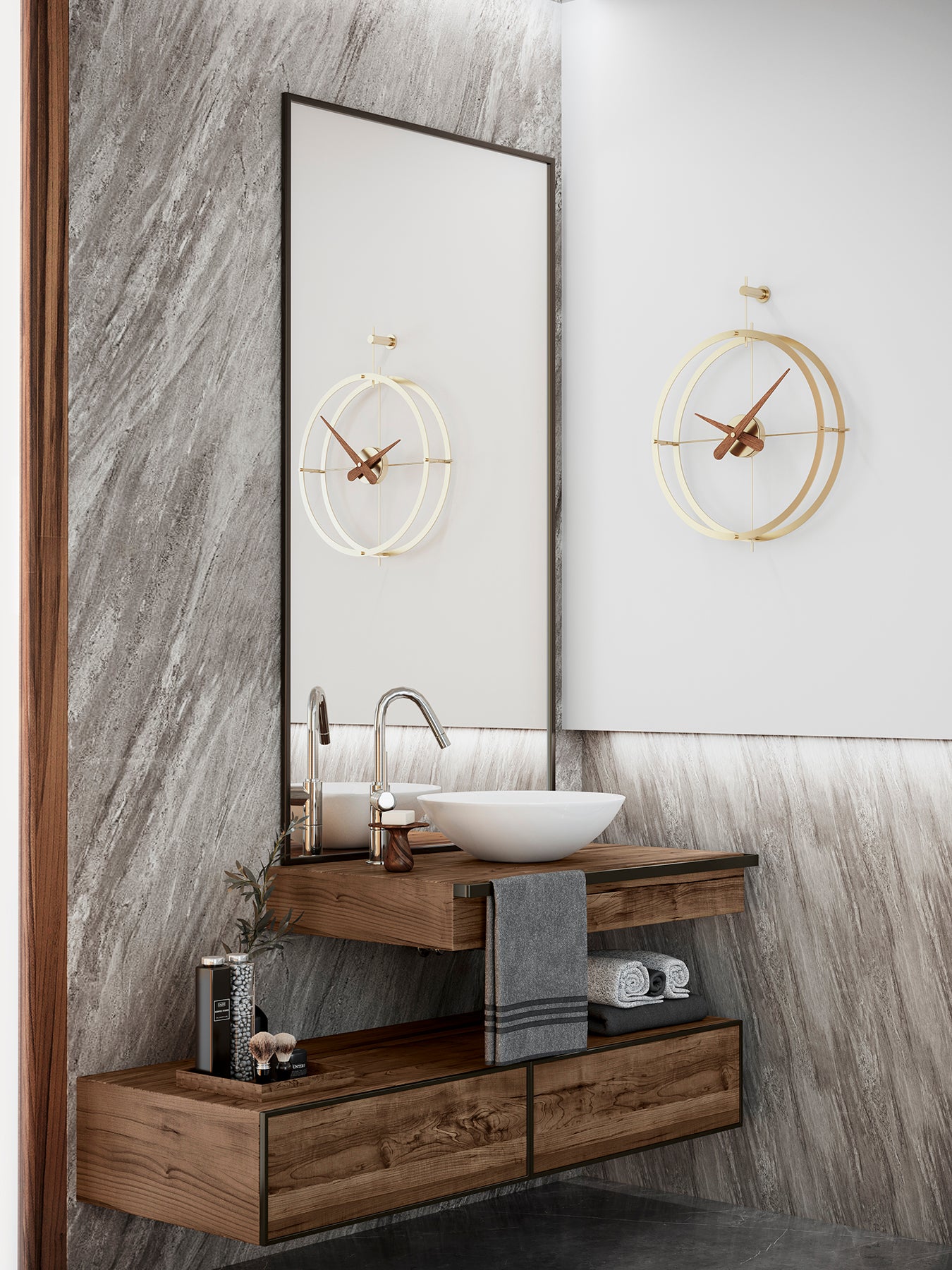 Zegar ścienny DOS PUNTOS PREMIUM drewno orzechowe z mosiężnym wykończeniem