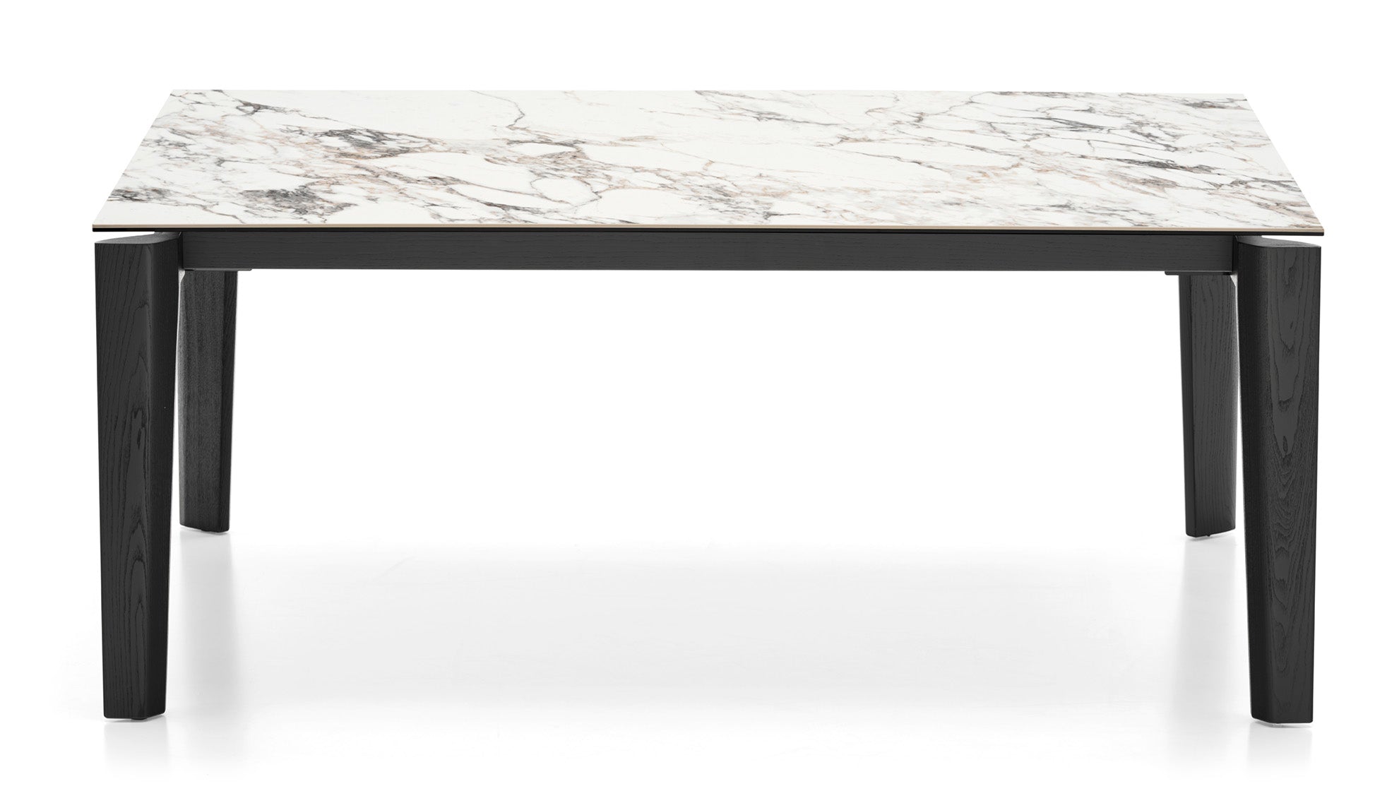 Ausziehbarer Tisch DOGMA mit weißer Platte und schwarzem Holzgestell